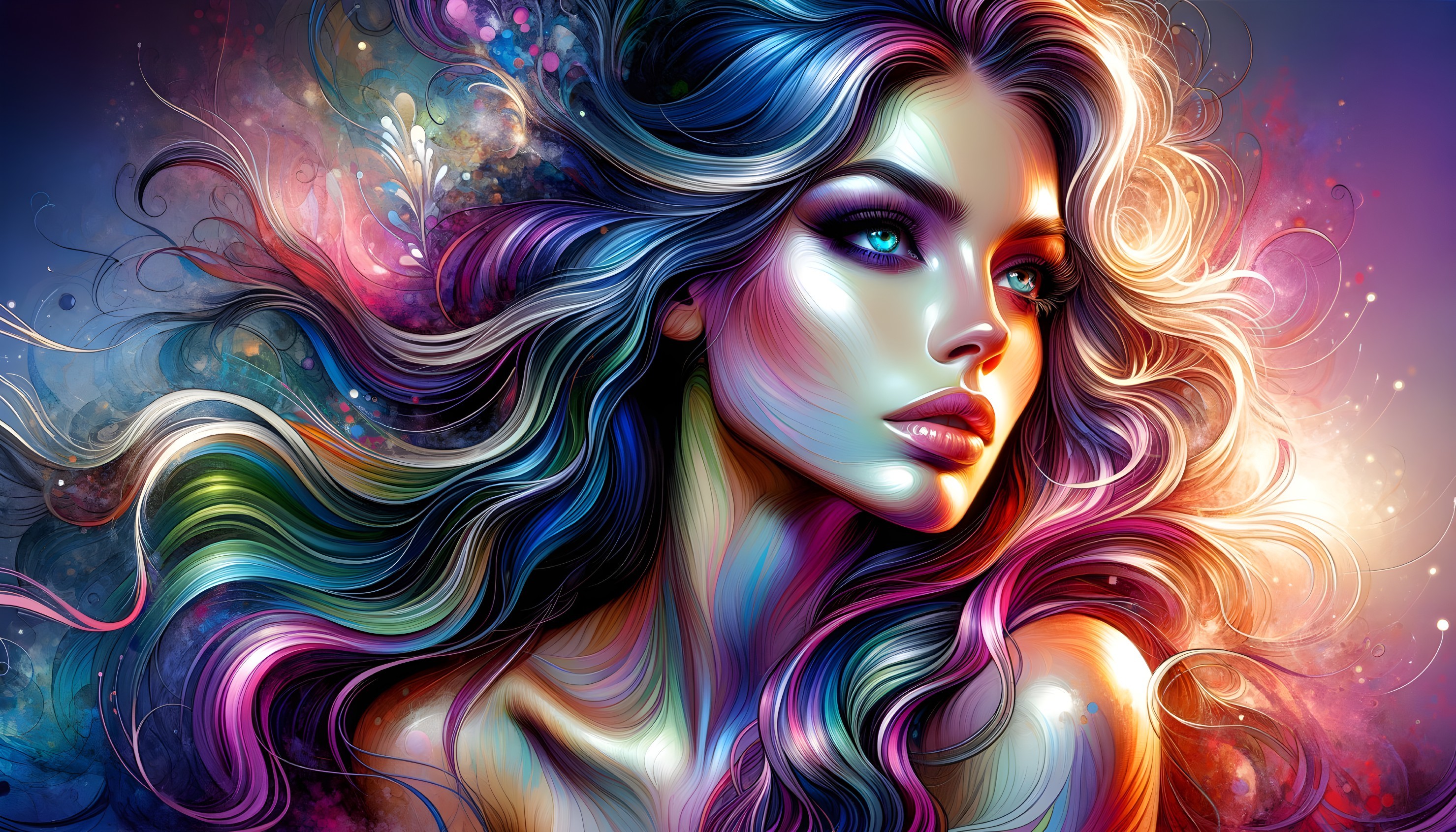 Surreal Portrait of a Woman with Multicolored Hair