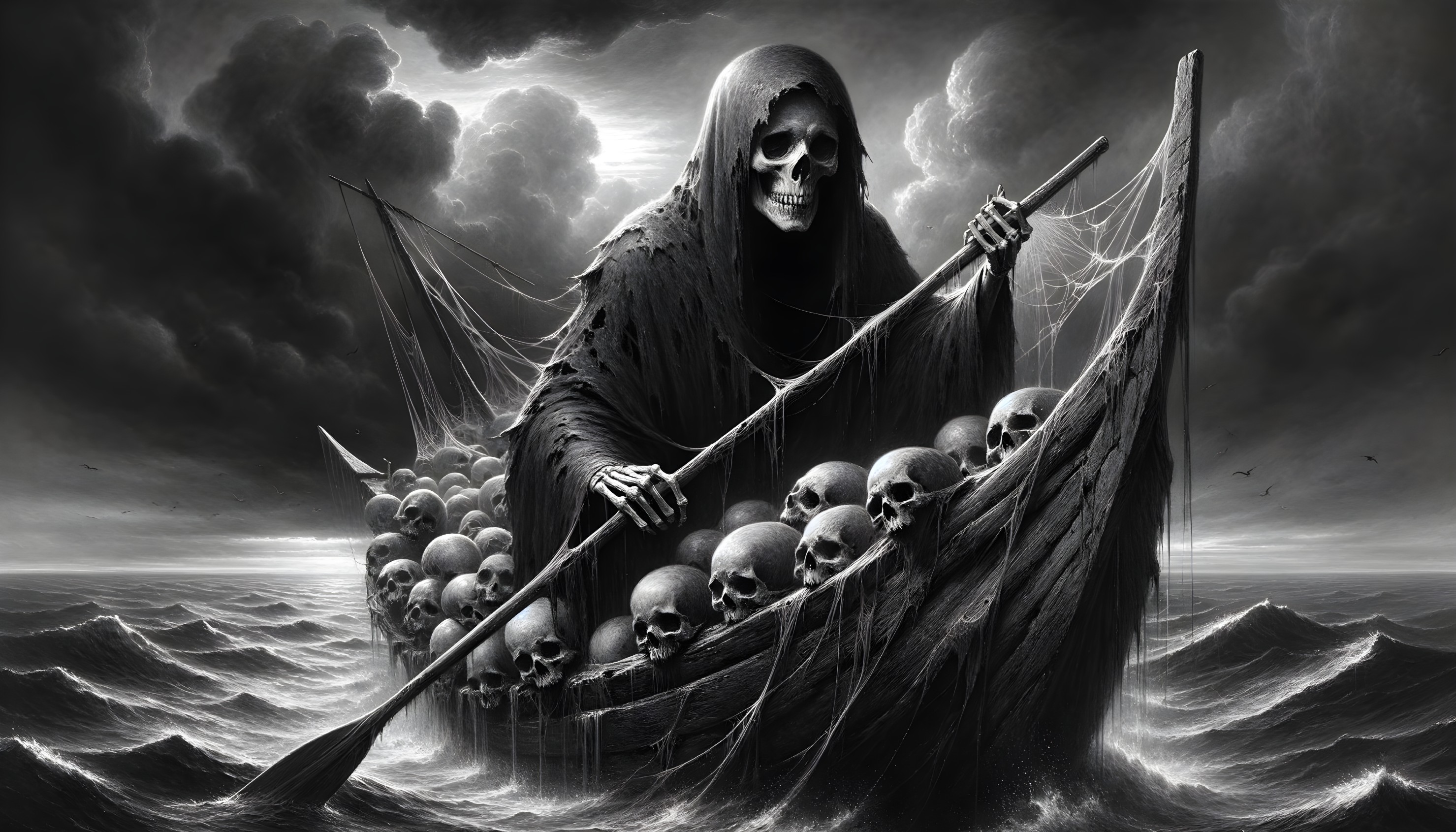 Skeletal Figure in Ghostly Boat Amidst Ominous Scene