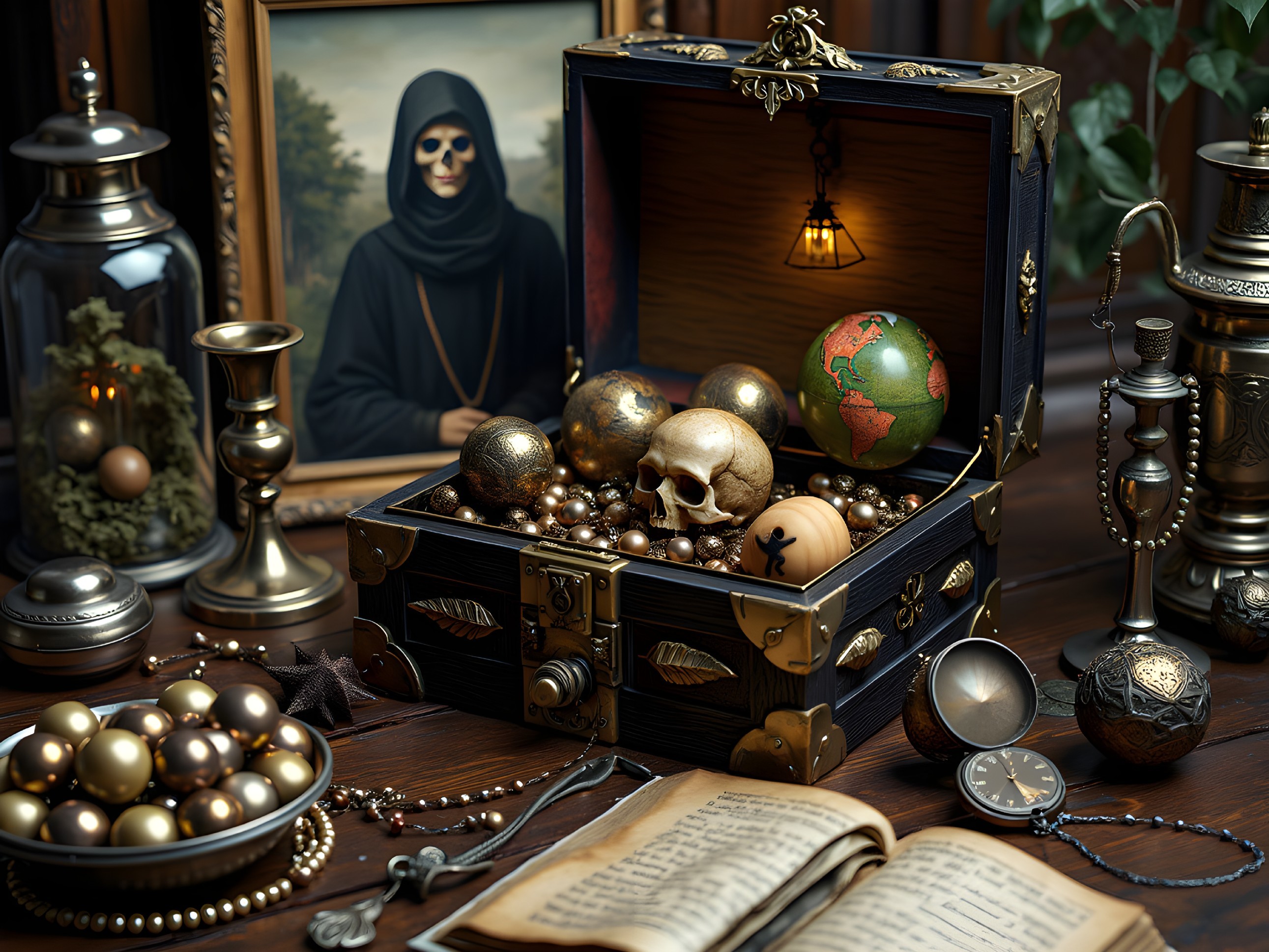 Intriguing Treasures in an Open Dark Wooden Chest