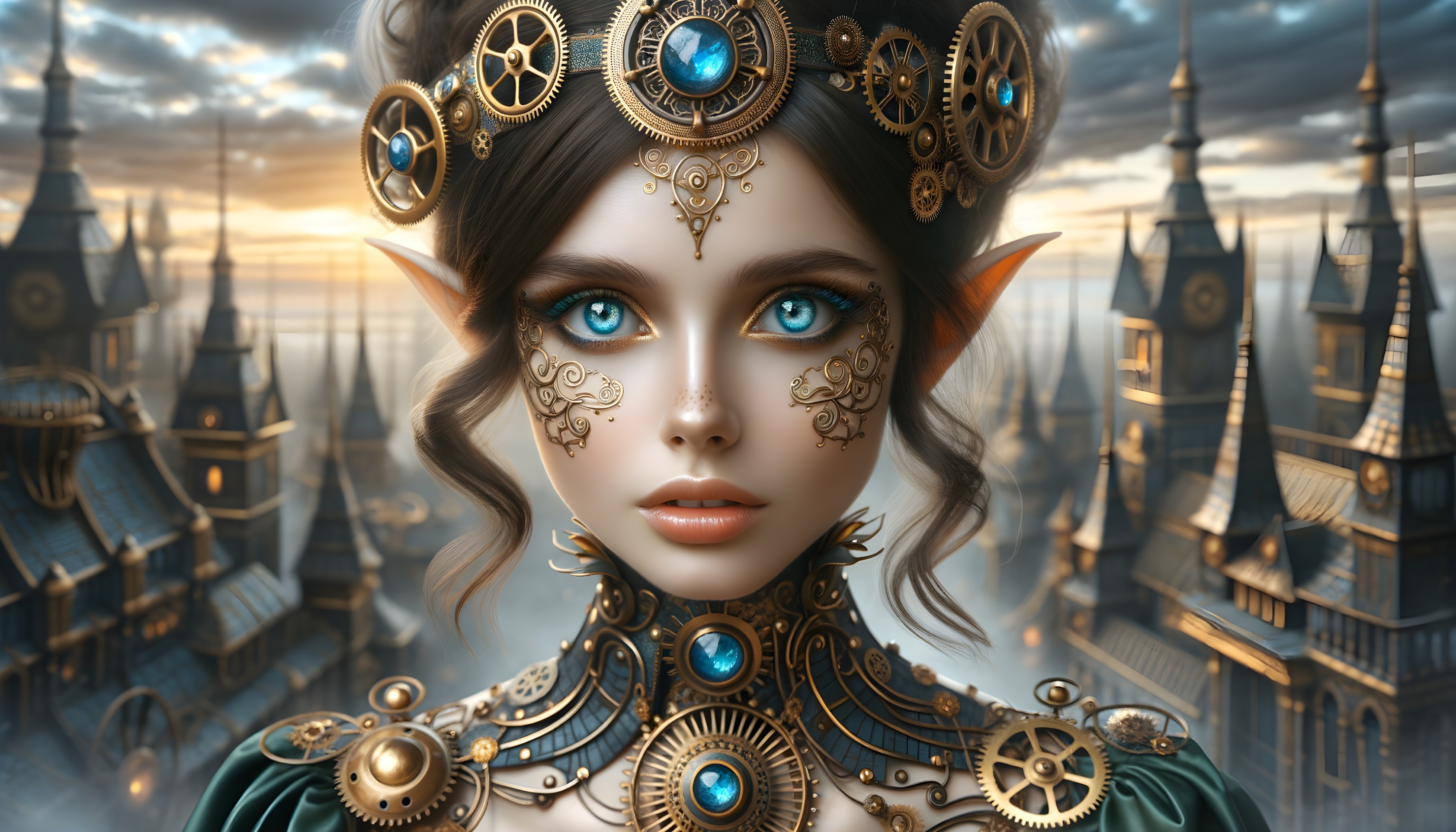 Steampunk Female Figure with Blue Eyes and Headpiece