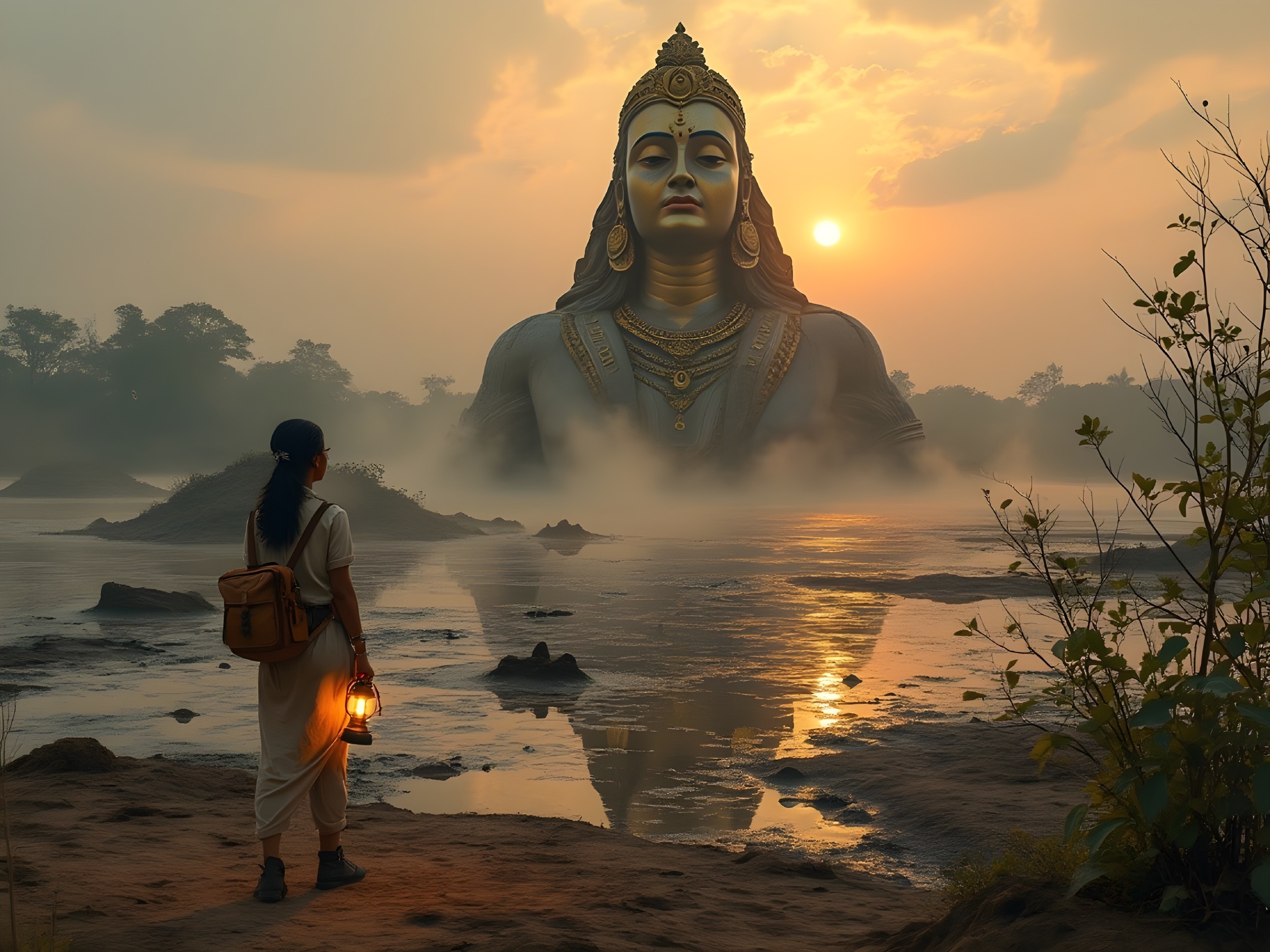 Serene Sunrise Over Tranquil River Landscape with Statue
