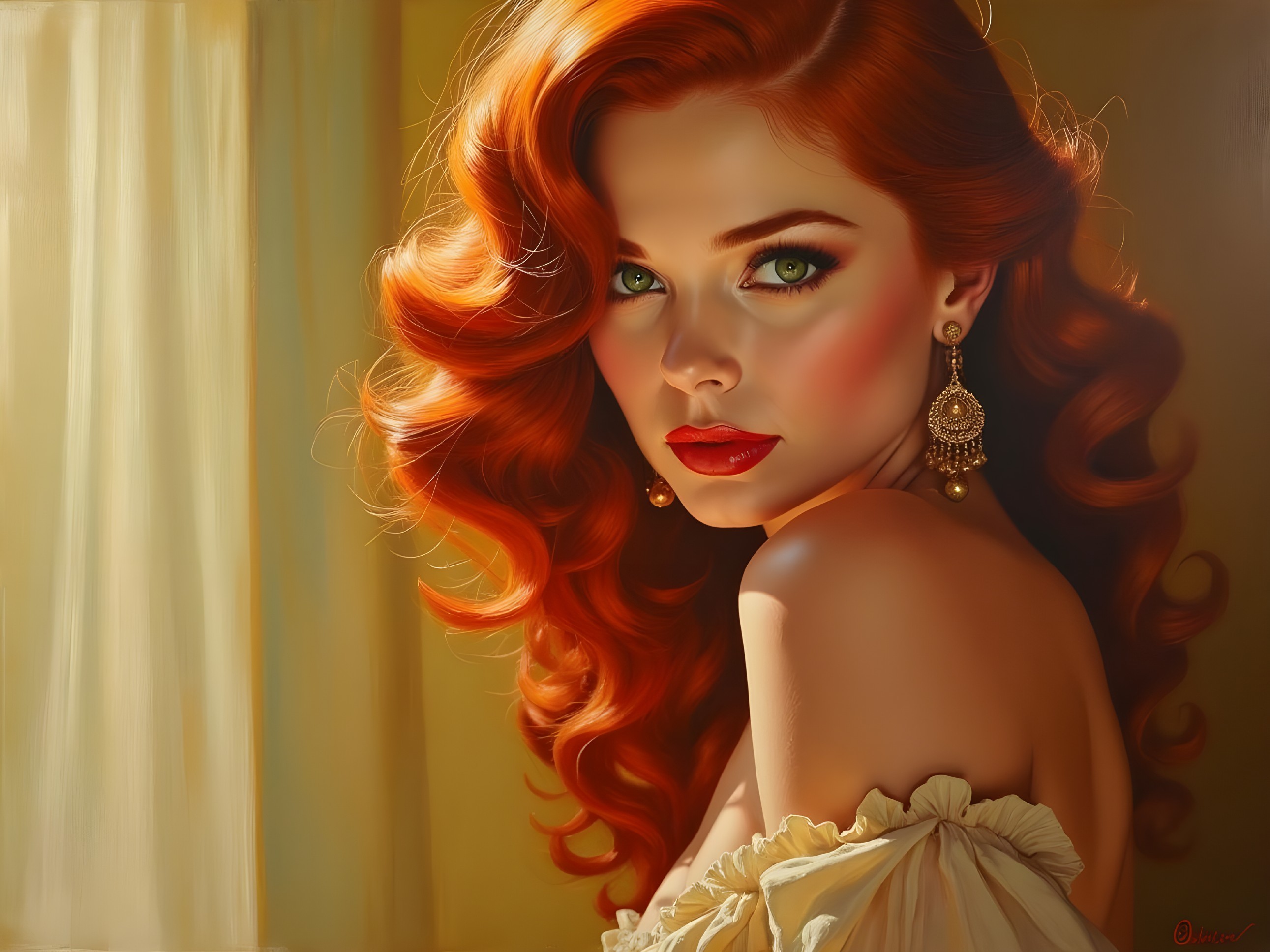 Portrait of a woman with red curls and green eyes