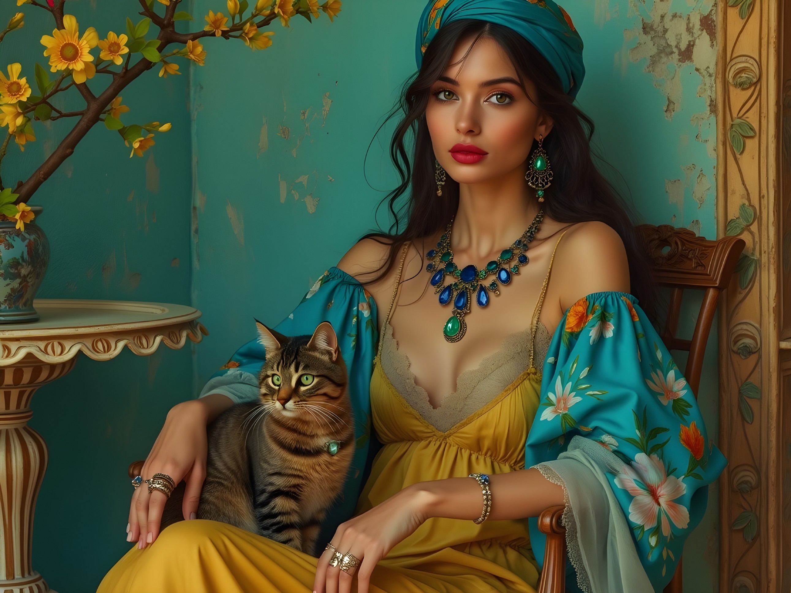 Vibrant Room with Woman in Yellow Gown and Cat