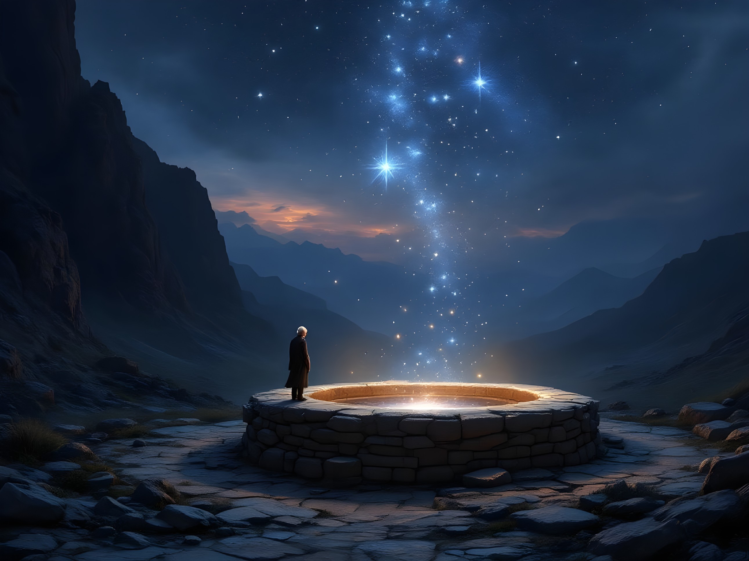 Solitary Figure at Ancient Well Under Starlit Sky