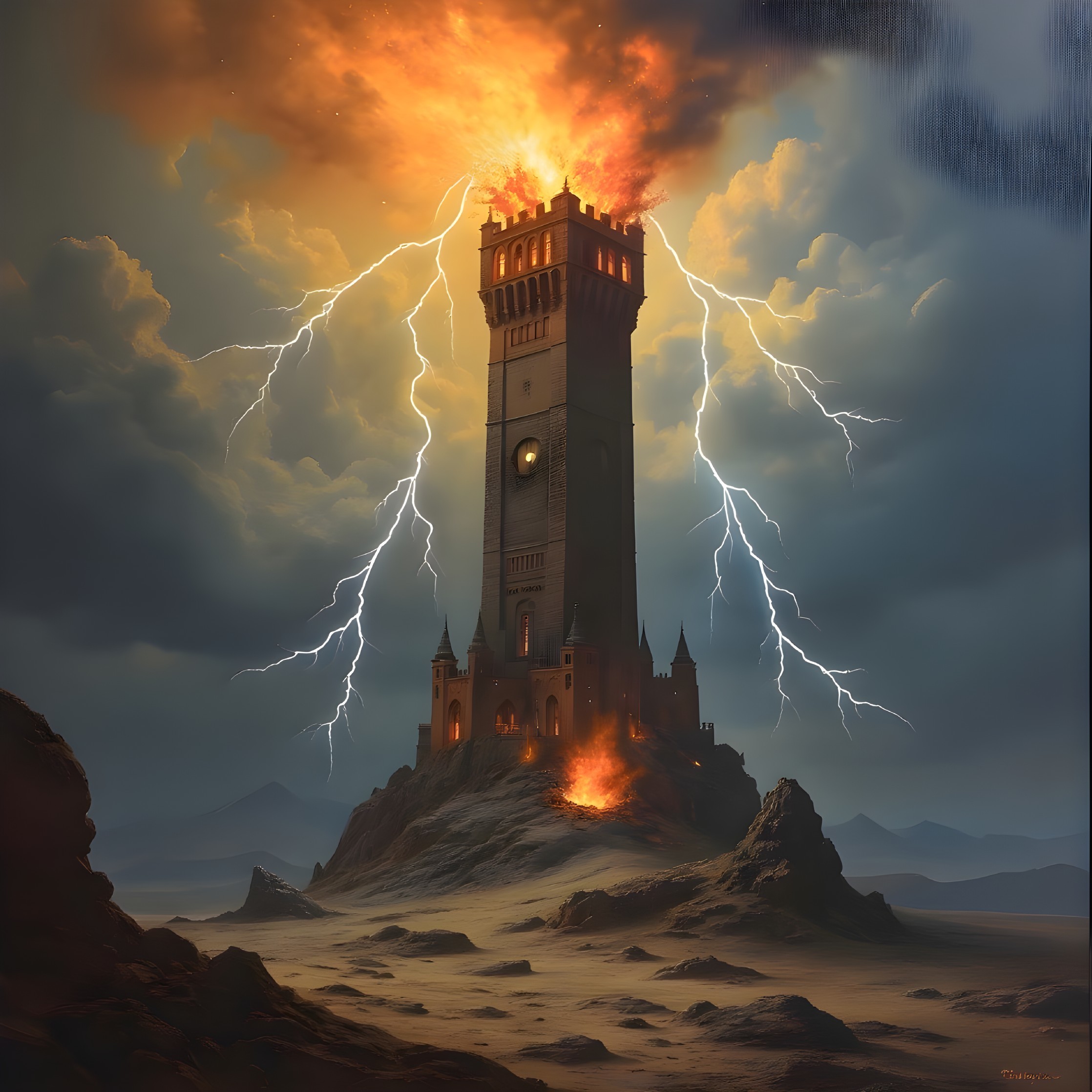 Towering Structure Surrounded by Flames and Storm Clouds