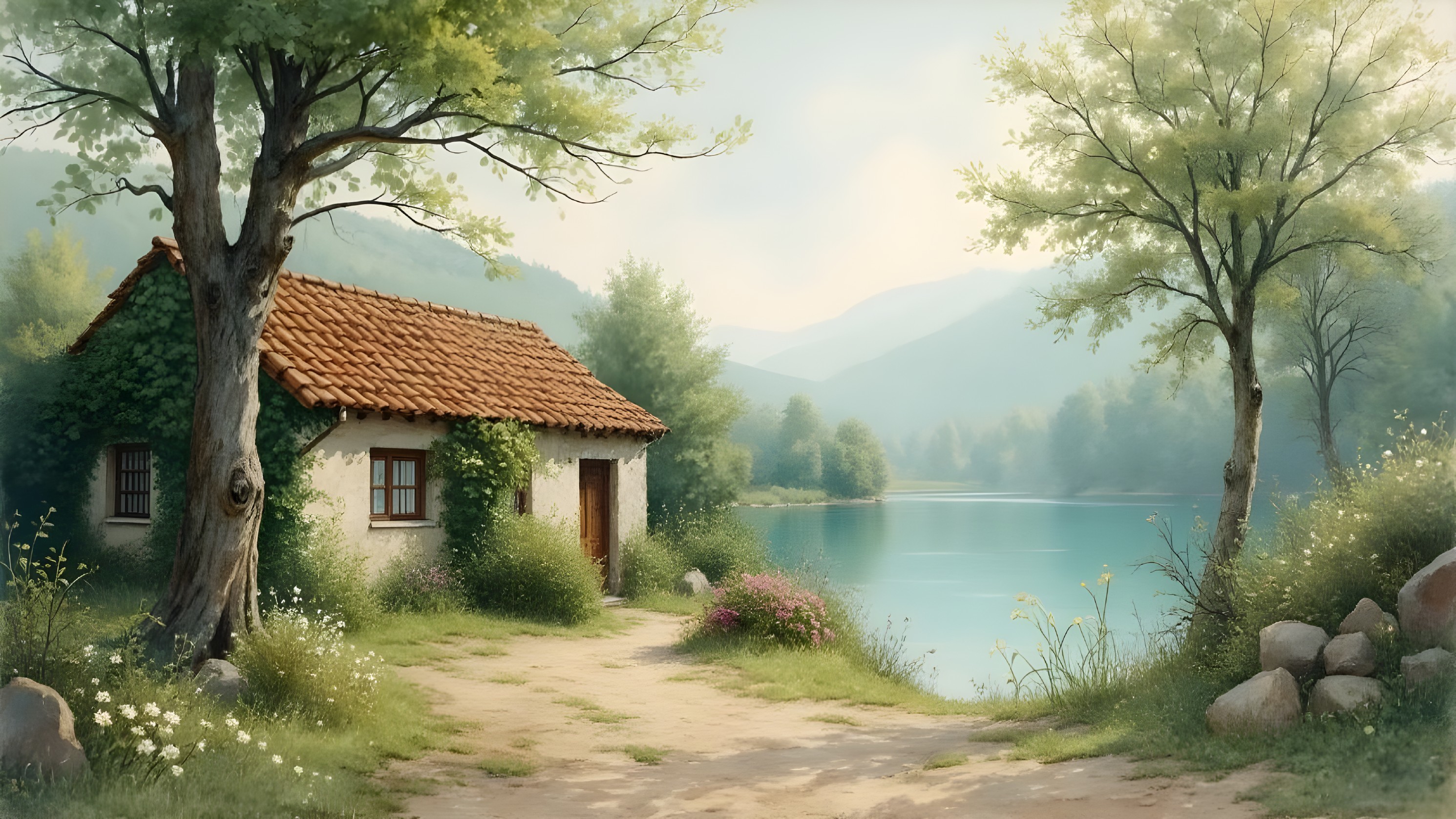 Serene Landscape with Cottage and Calm Lake