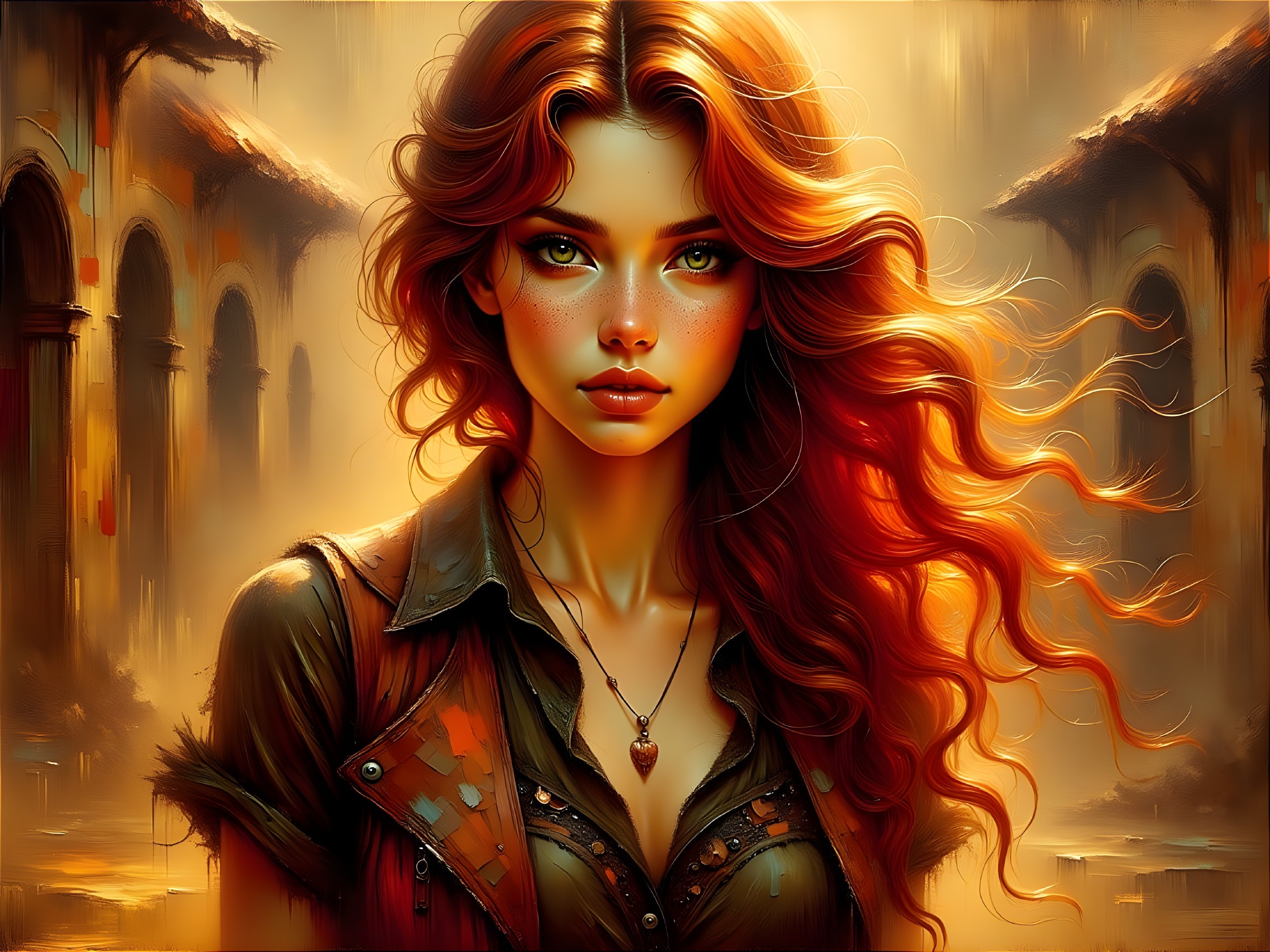 Young woman with red hair in ancient backdrop