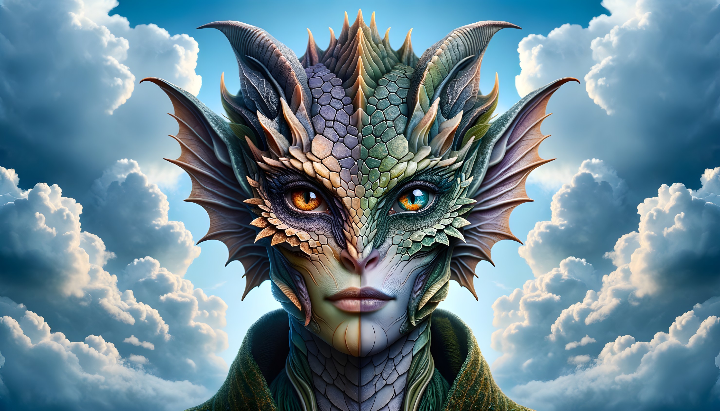 Humanoid Figure with Dragon Features Against Clouds