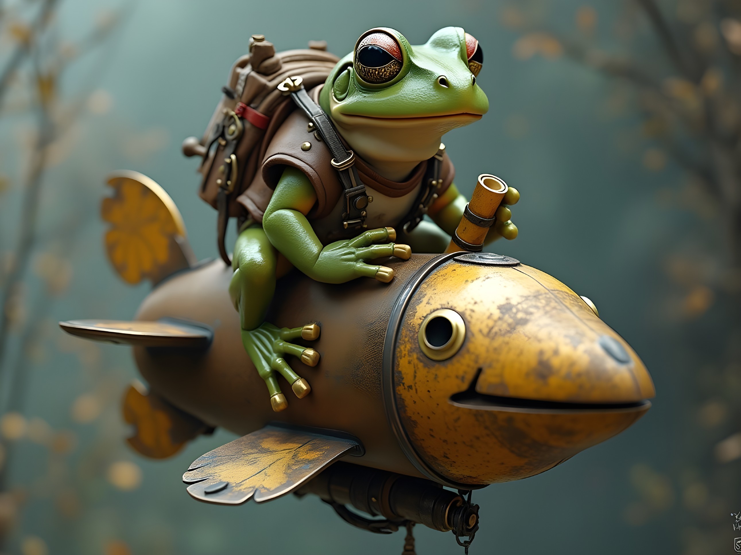 Cartoon Frog on Steampunk Fish Rocket in Nature Scene
