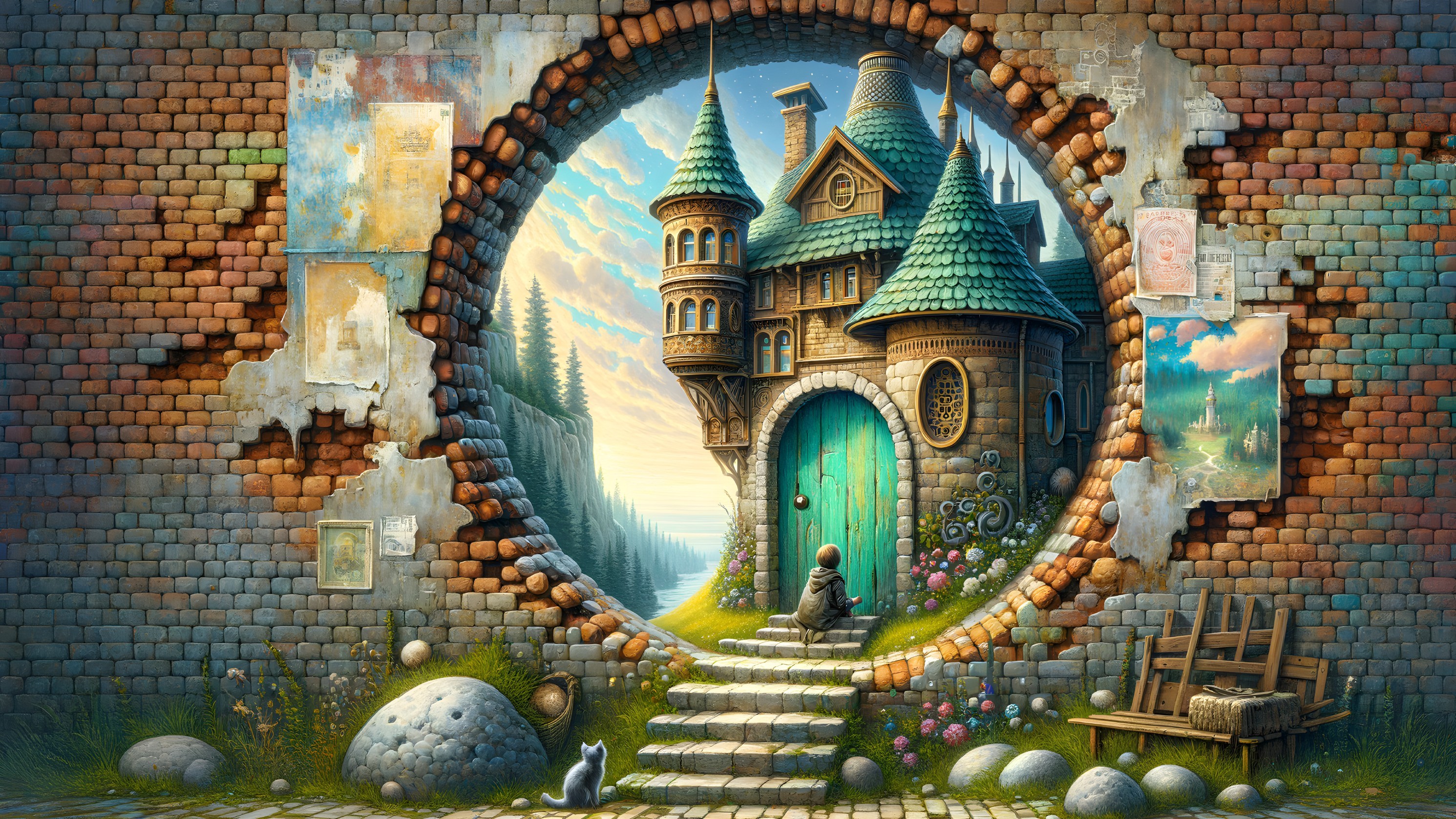 Charming Castle with Turquoise Door and Lush Landscape