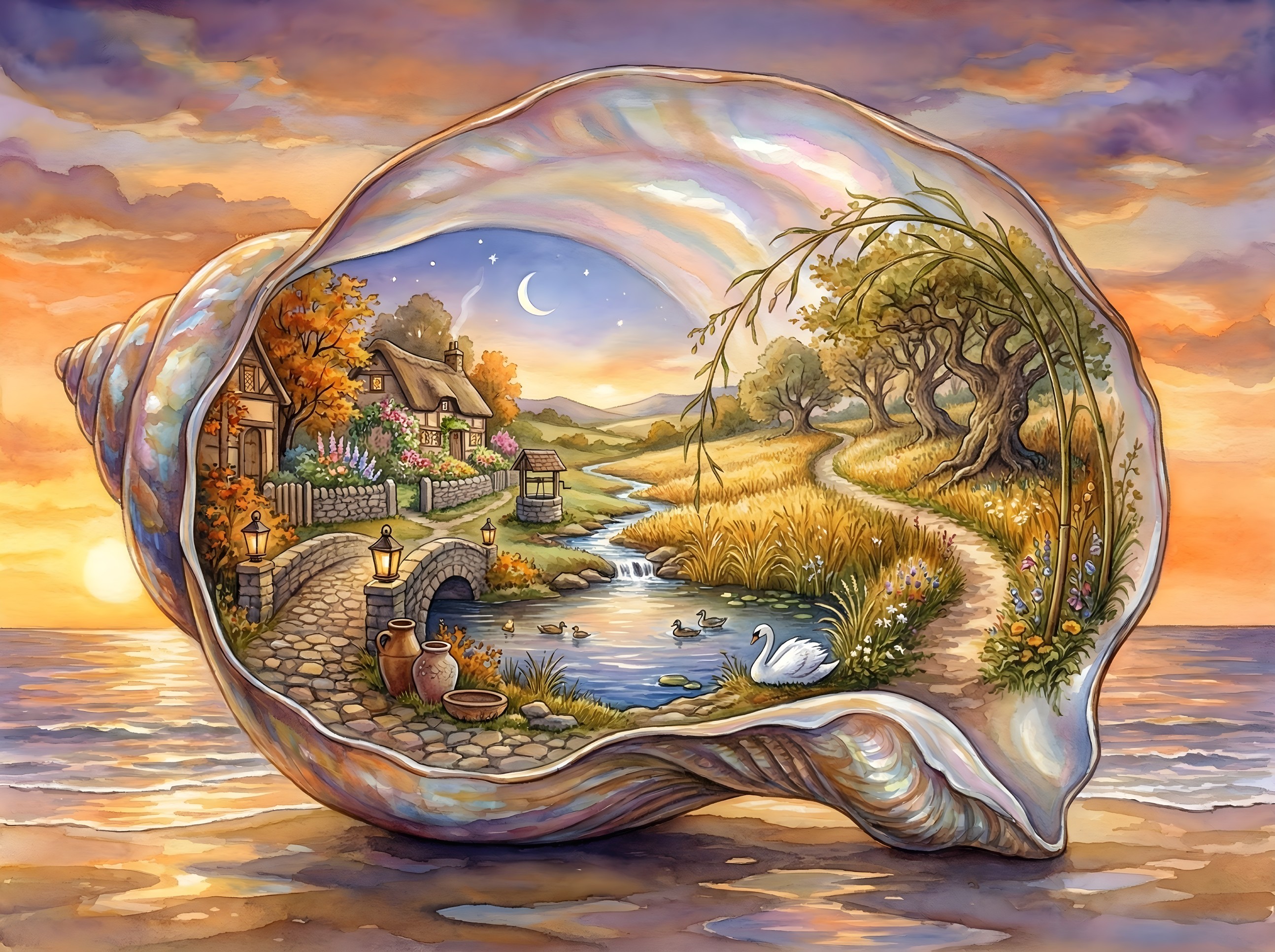 Watercolor Painting of a Miniature World in a Seashell