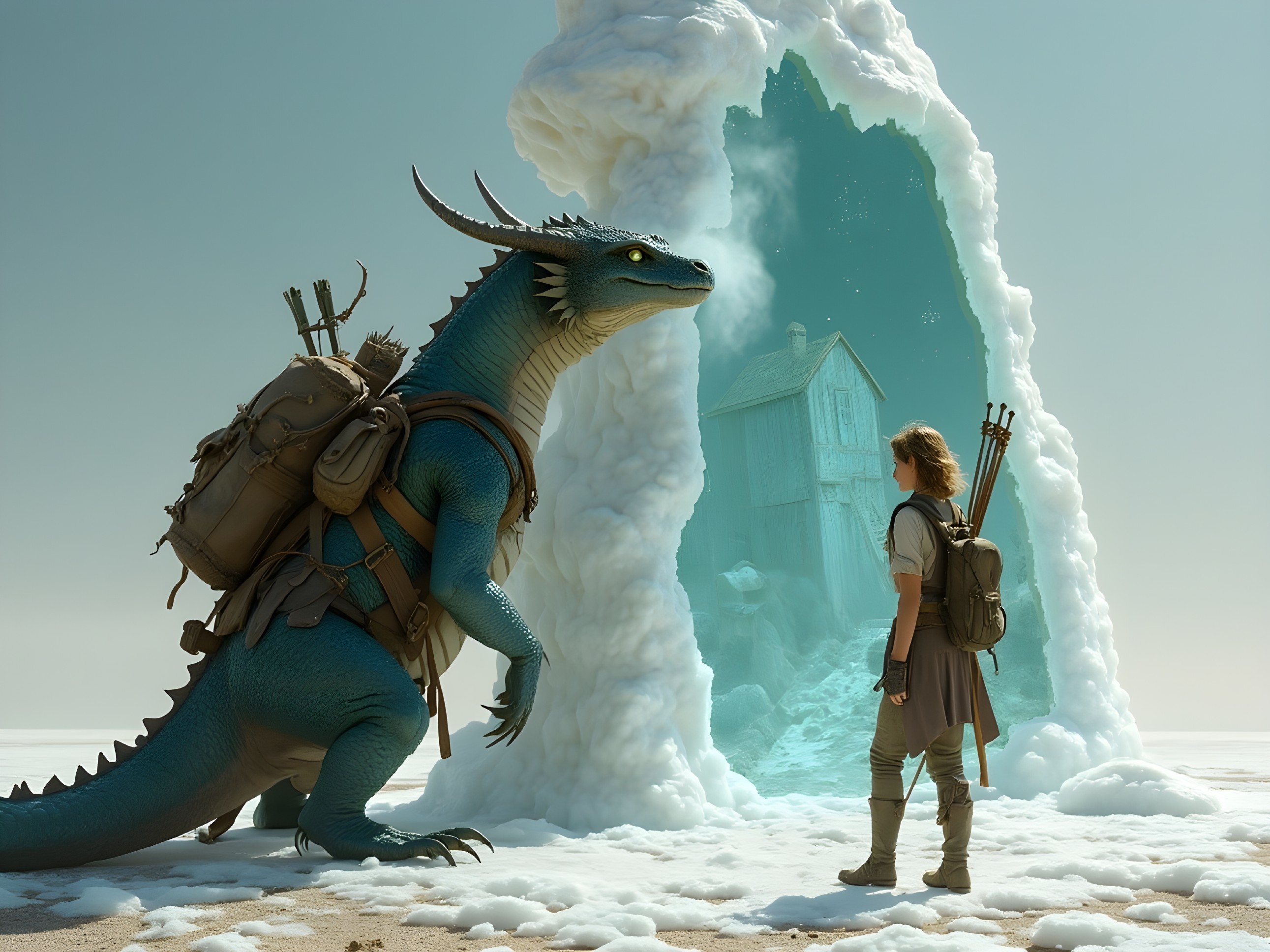 Blue Dragon and Icy Portal in Surreal Landscape