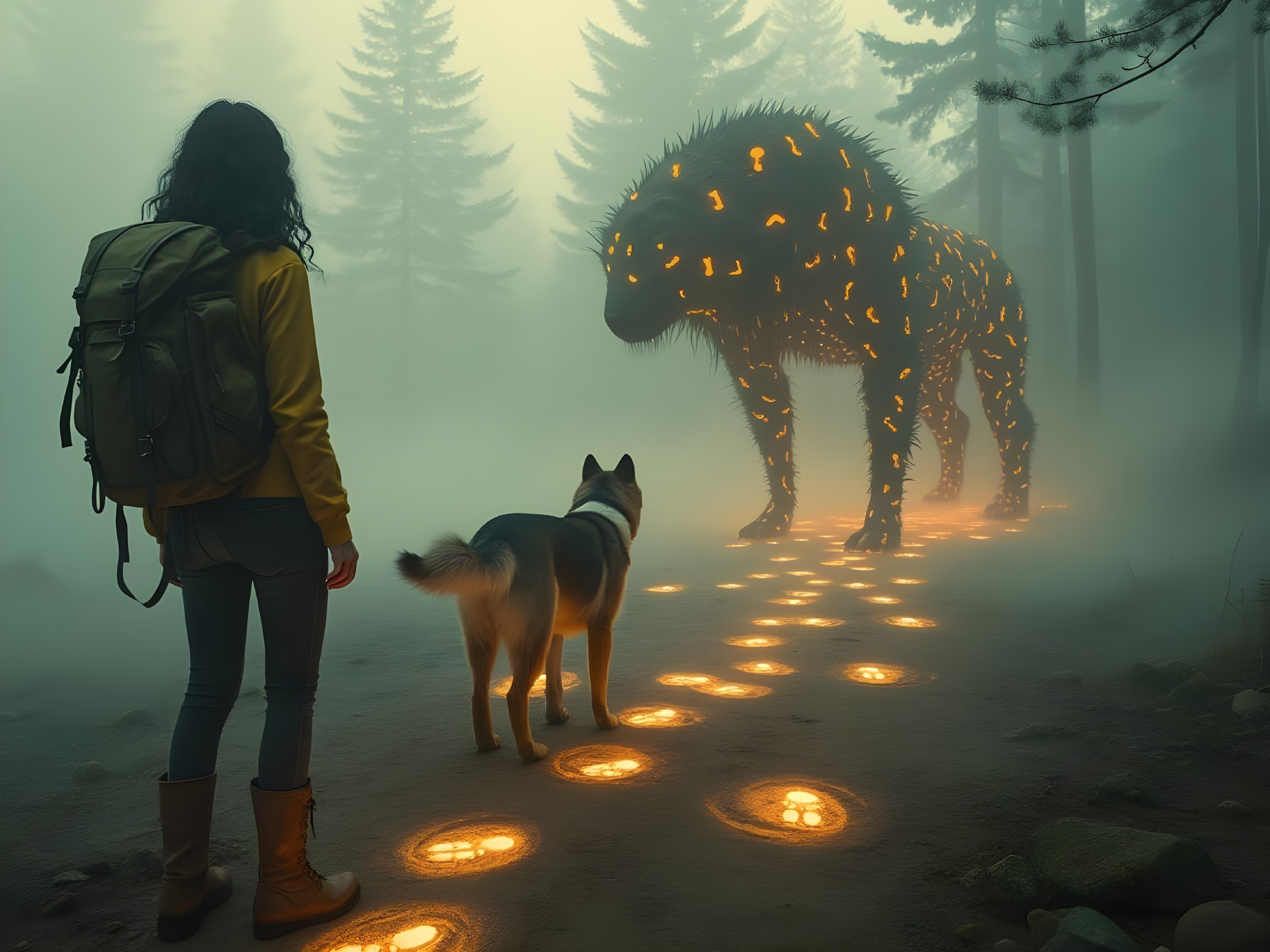 Mysterious Creature in a Misty Forest Scene