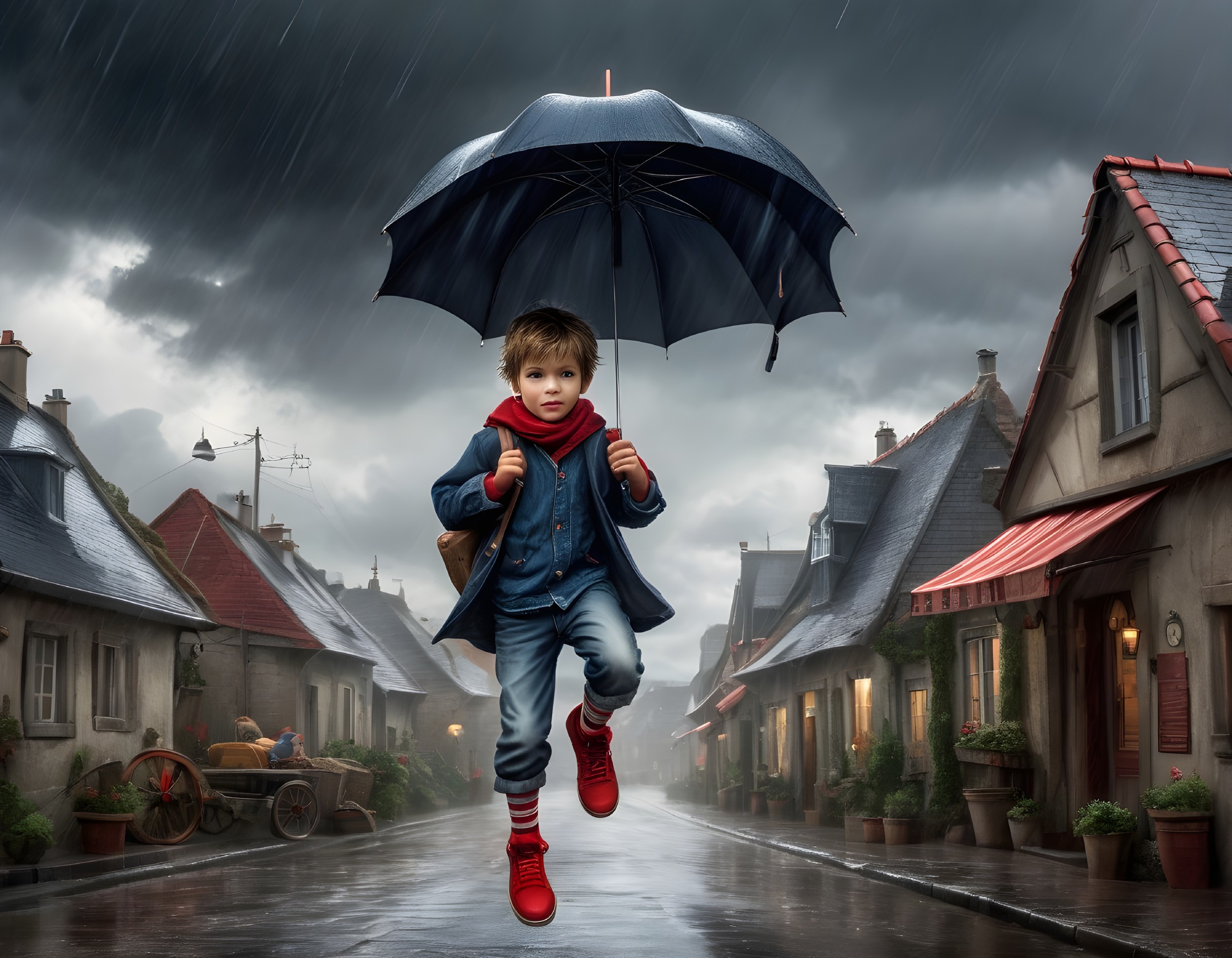Boy Jumping with Umbrella in Rainy Village Scene