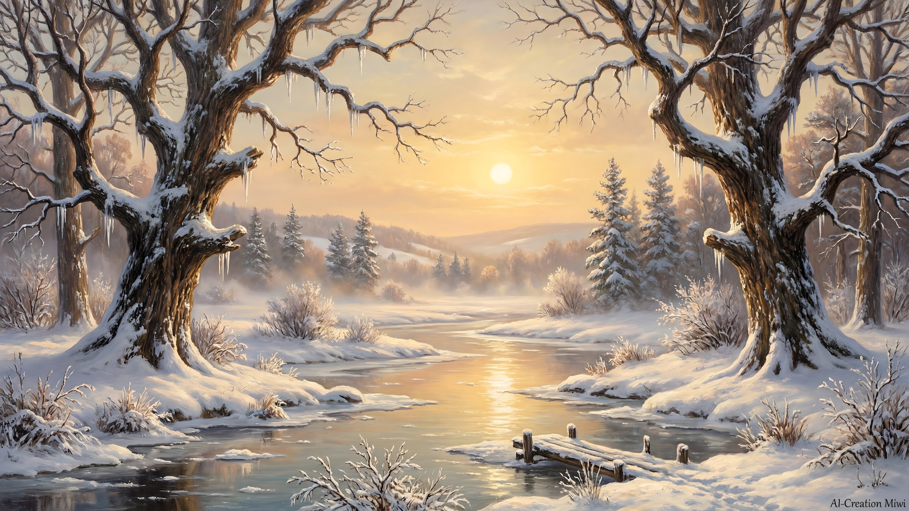 Realistic winter wonderland landscape painting description