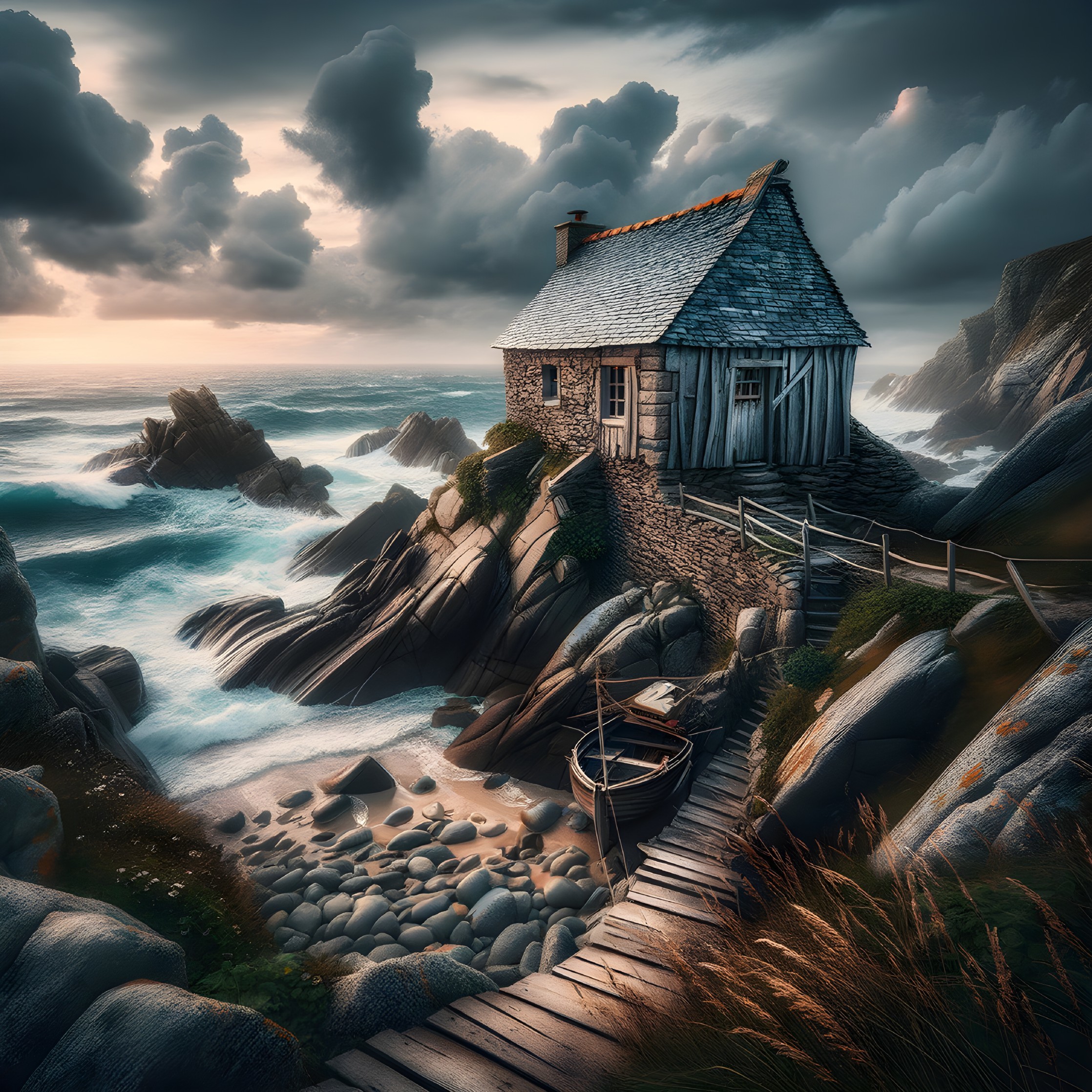 Rustic Cottage on Cliffs Overlooking Turbulent Sea