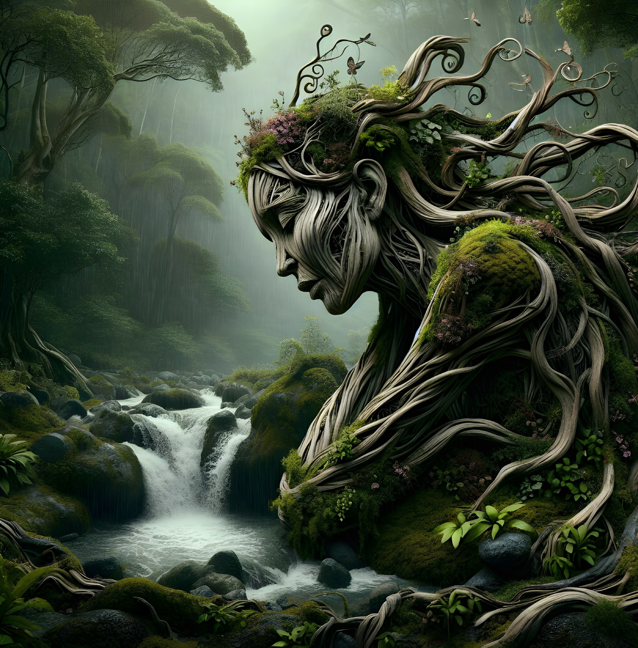 Colossal Nature Figure in Enchanted Forest Setting