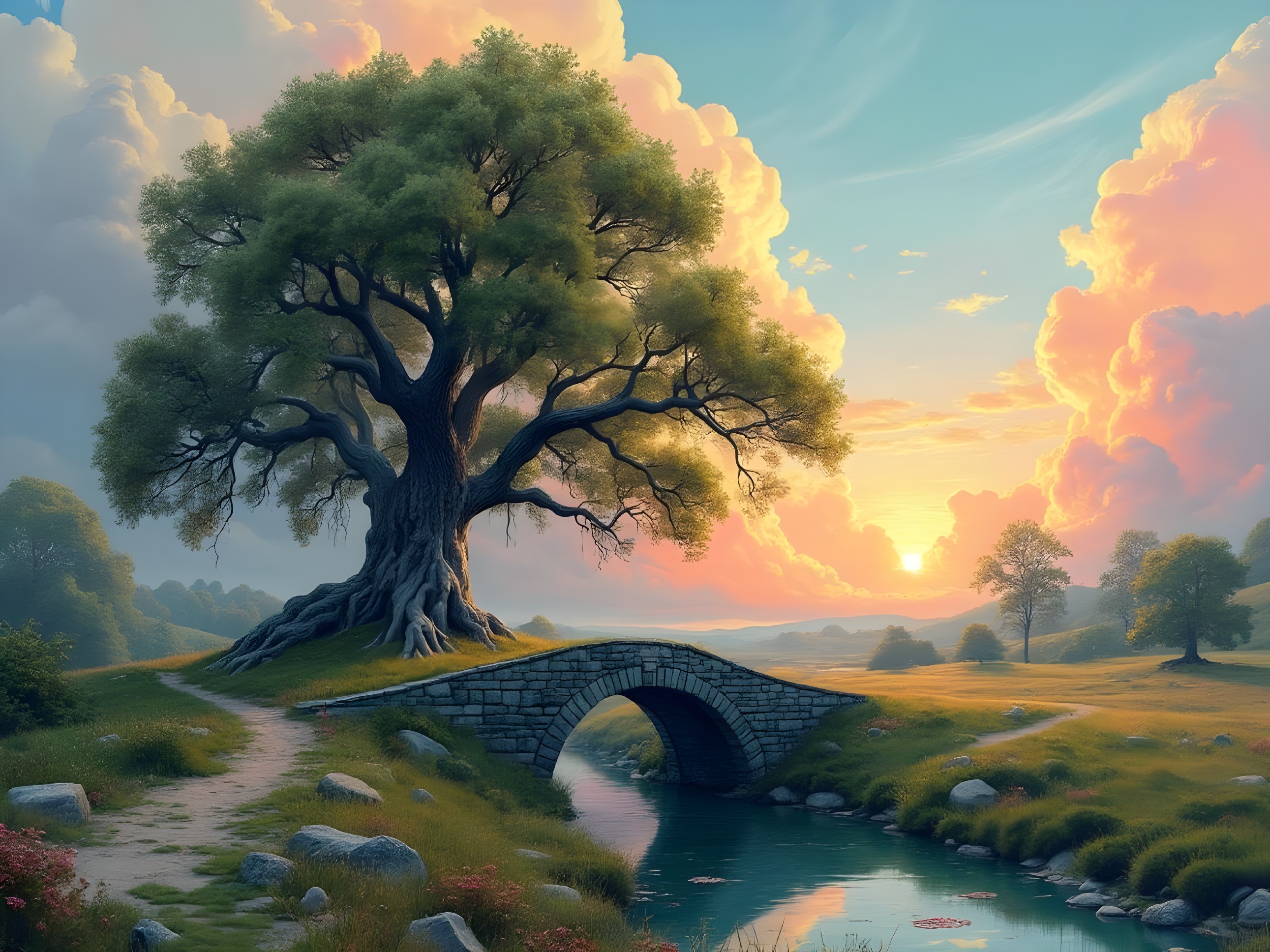 Serene Landscape with Tree, River, and Sunrise Bridge