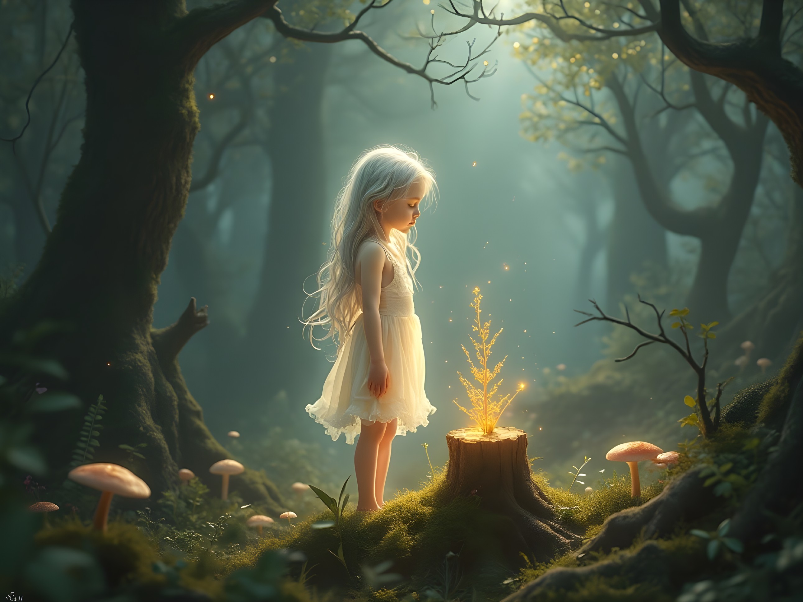 Young girl in a mystical forest with glowing elements