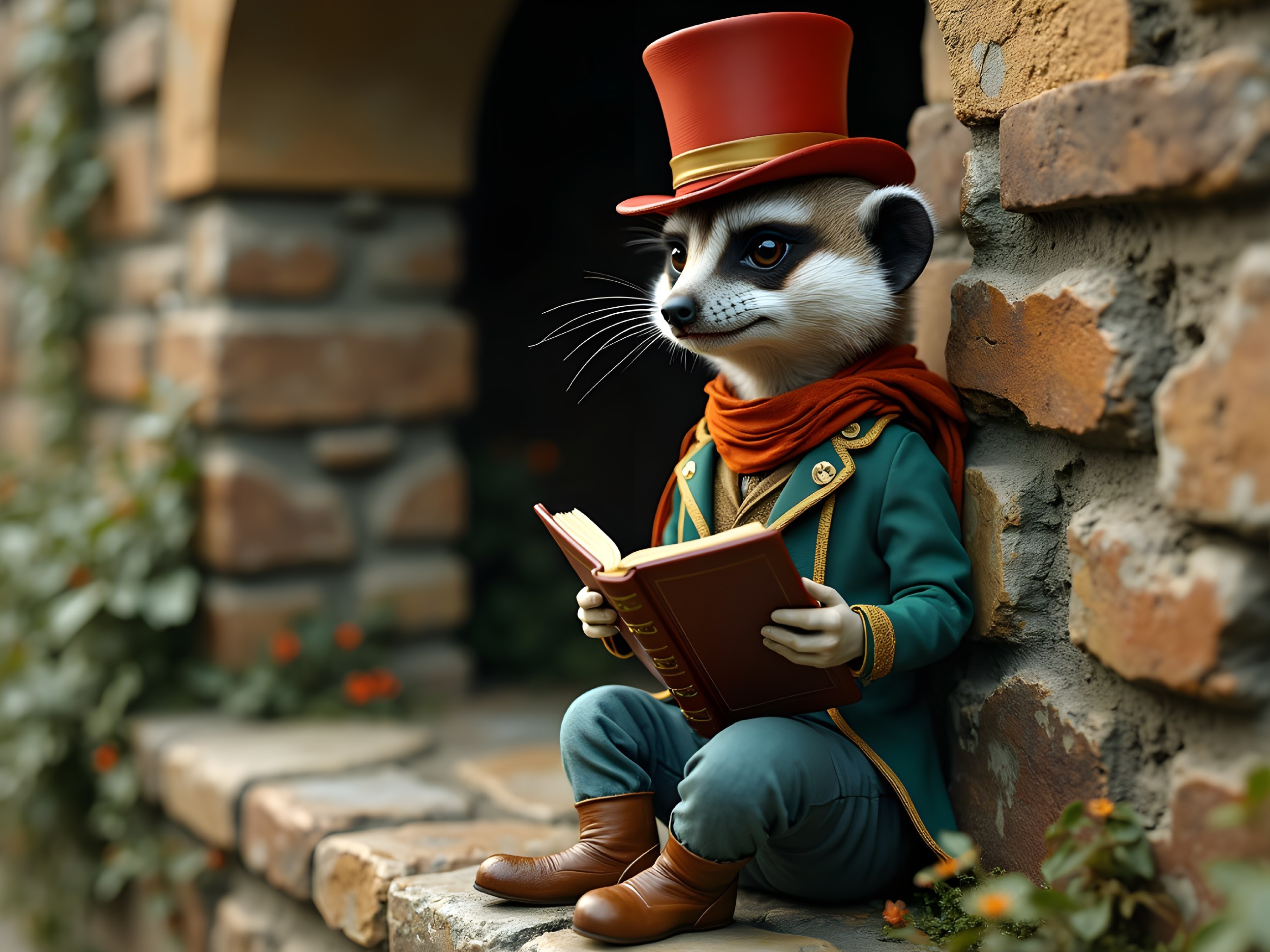 Anthropomorphic meerkat in stylish attire reading a book