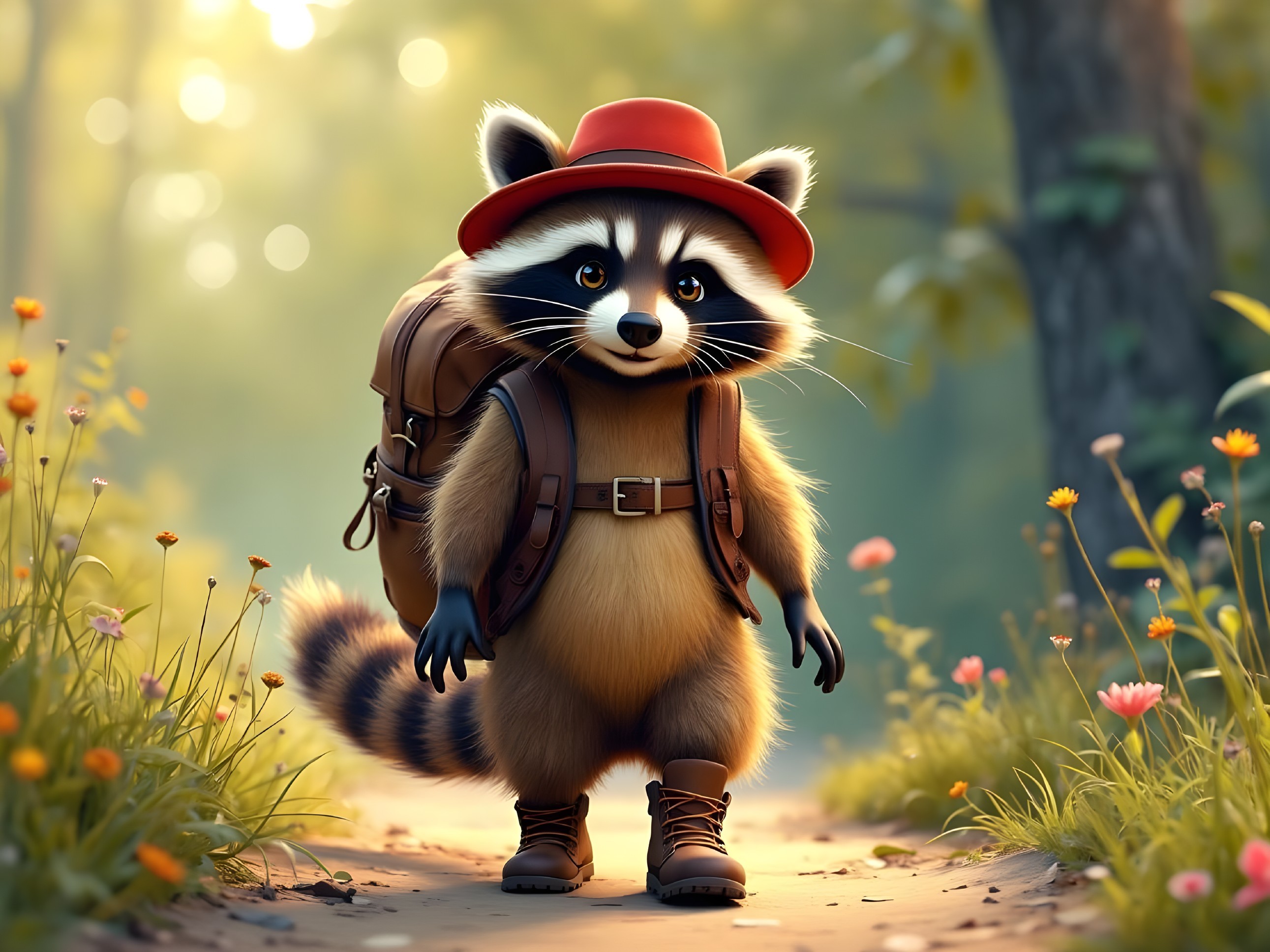Raccoon in Red Hat on Sunny Forest Path with Wildflowers