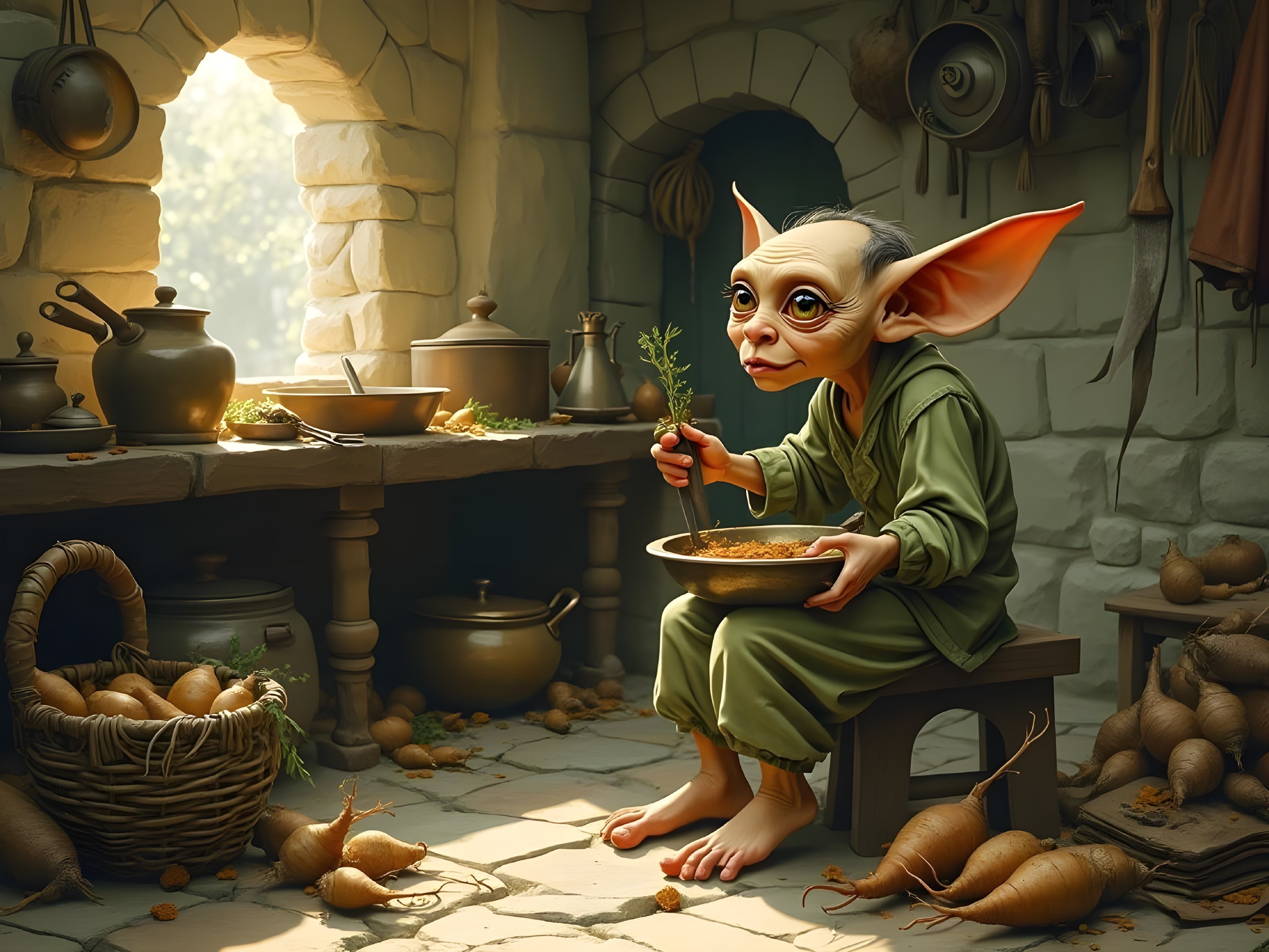 Whimsical Creature in Rustic Sunlit Kitchen