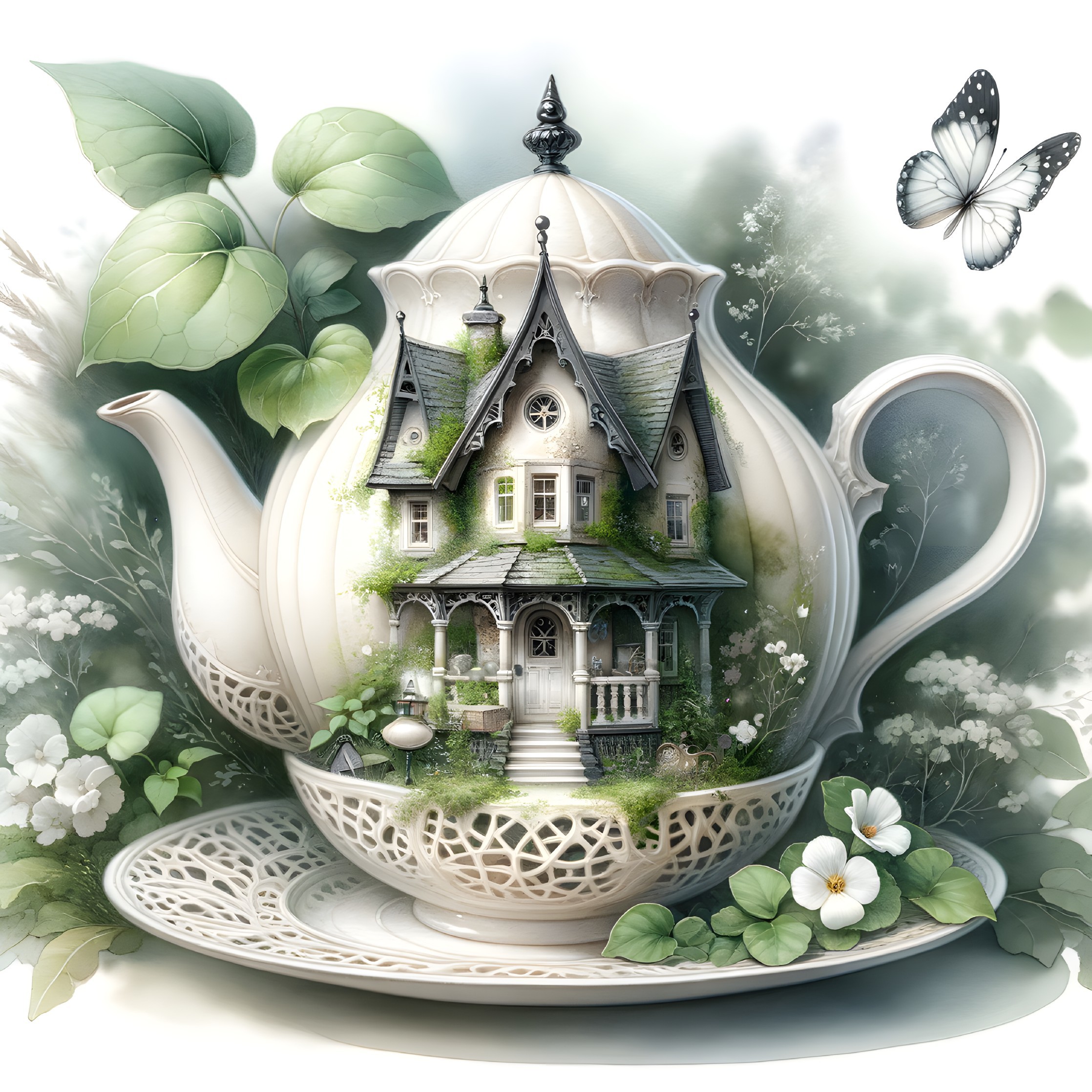 Whimsical Teapot Miniature House with Floral Details
