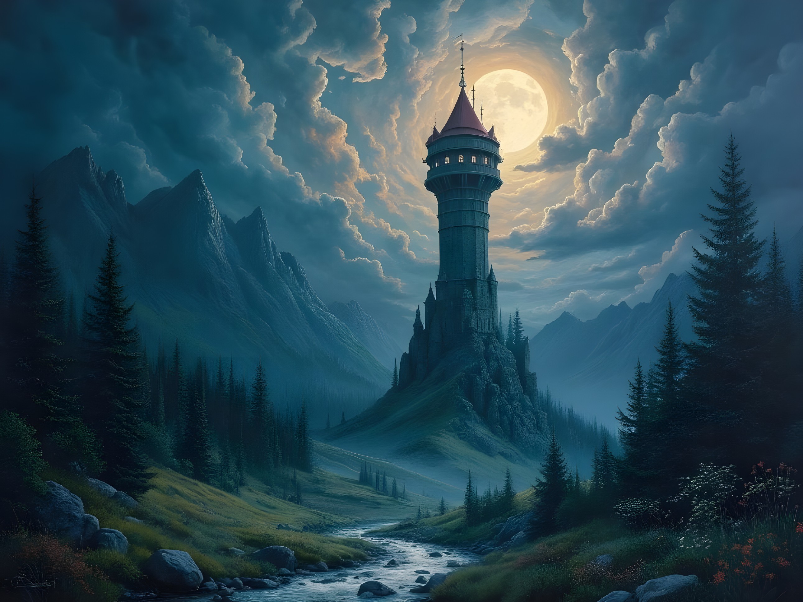 Majestic tower on rocky outcrop in moonlit landscape