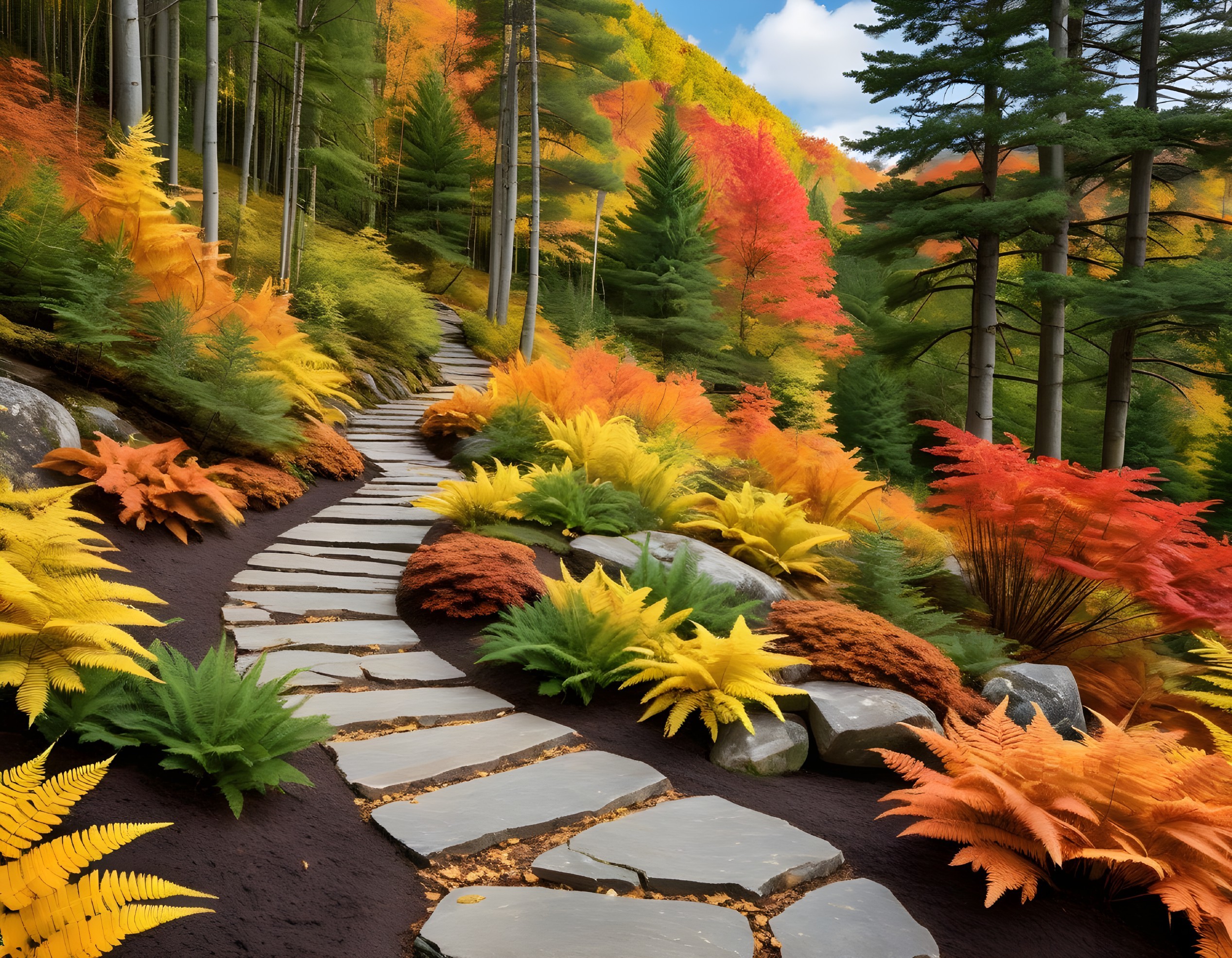 Winding Stone Pathway in Vibrant Autumn Landscape