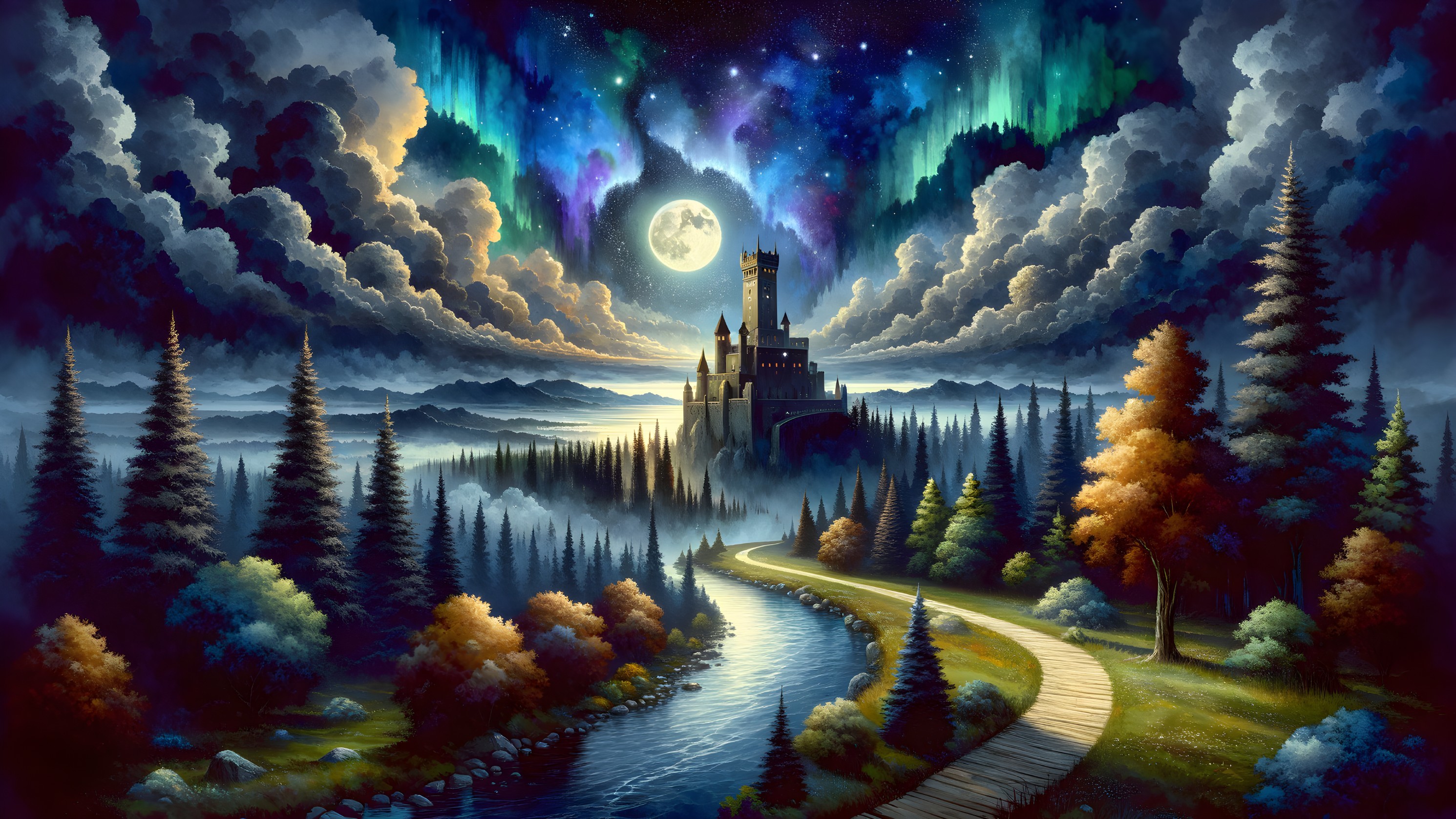 Grand Castle Surrounded by Enchanted Forest Landscape