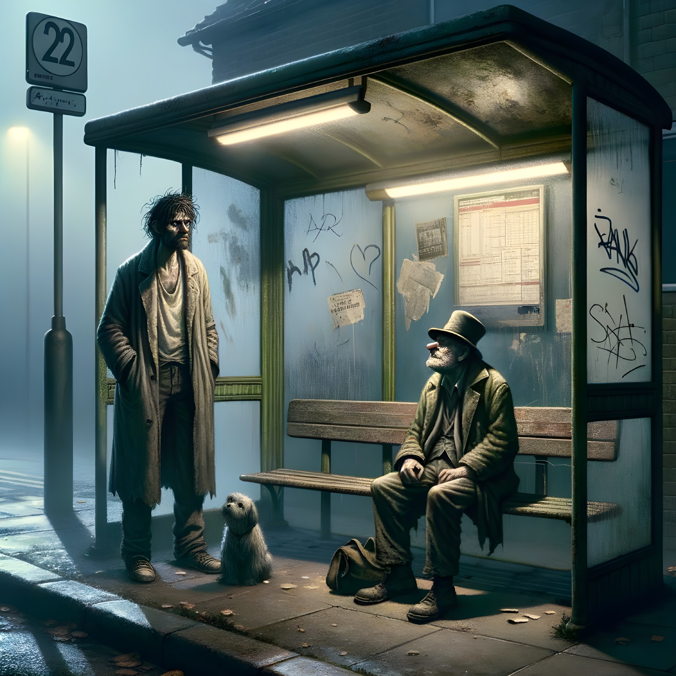 Foggy Night Bus Stop Scene with Two Men and a Dog