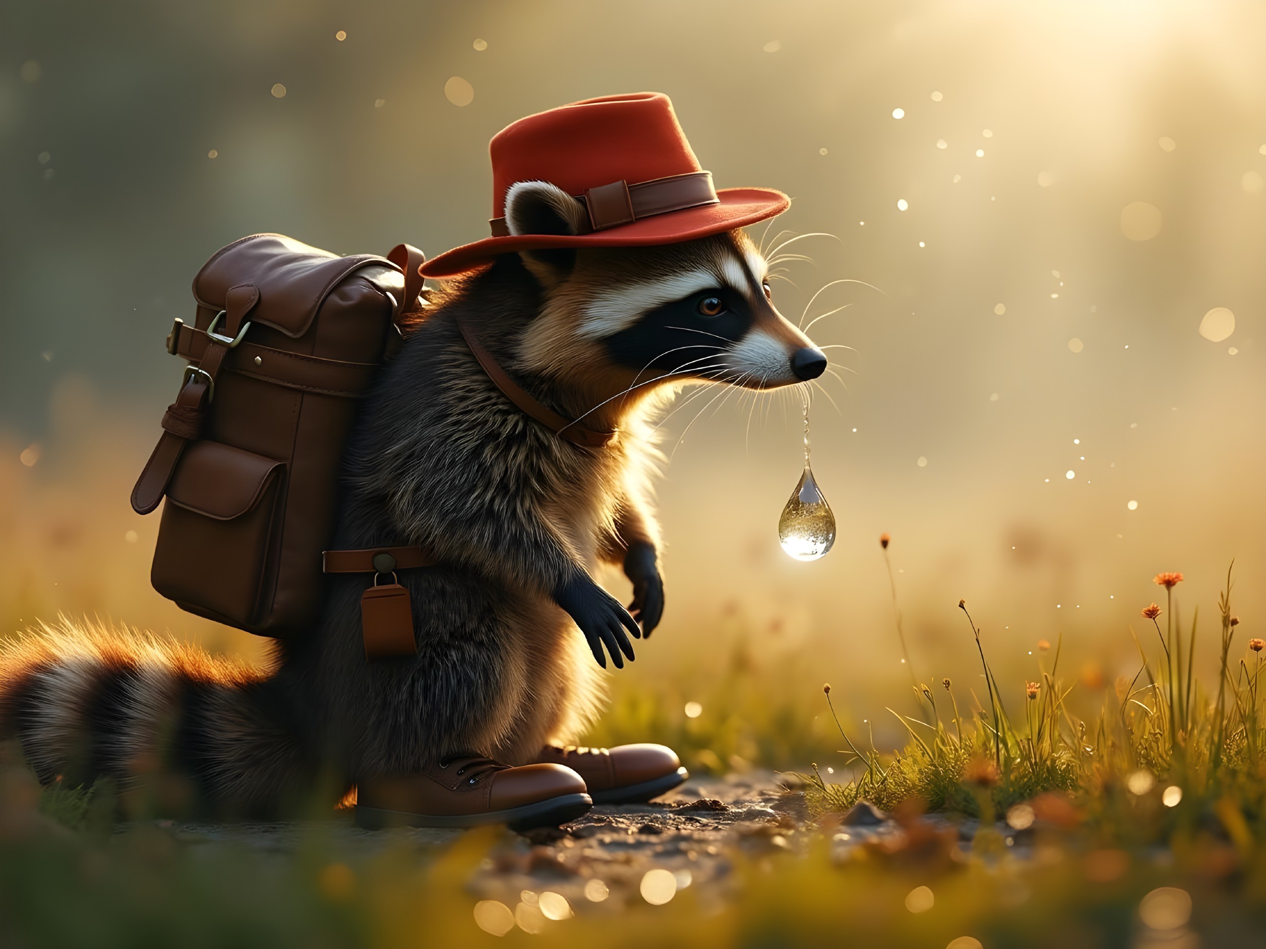 Raccoon in Red Hat on Forest Path with Wildflowers