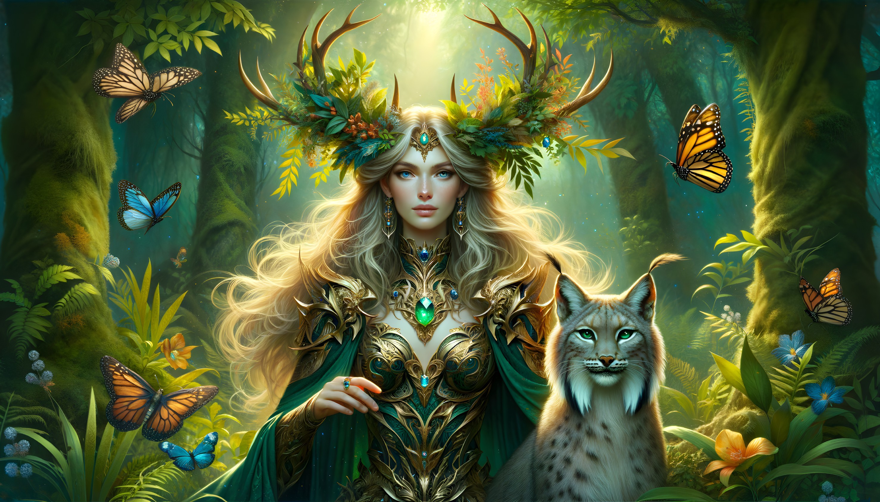 Majestic Woman in Jewel Armor in Mystical Forest