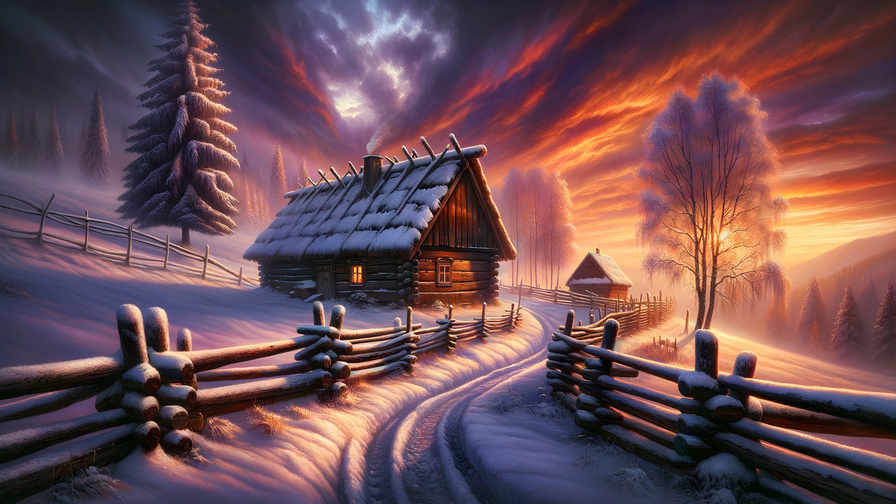 Cozy Log Cabin in a Snowy Winter Landscape