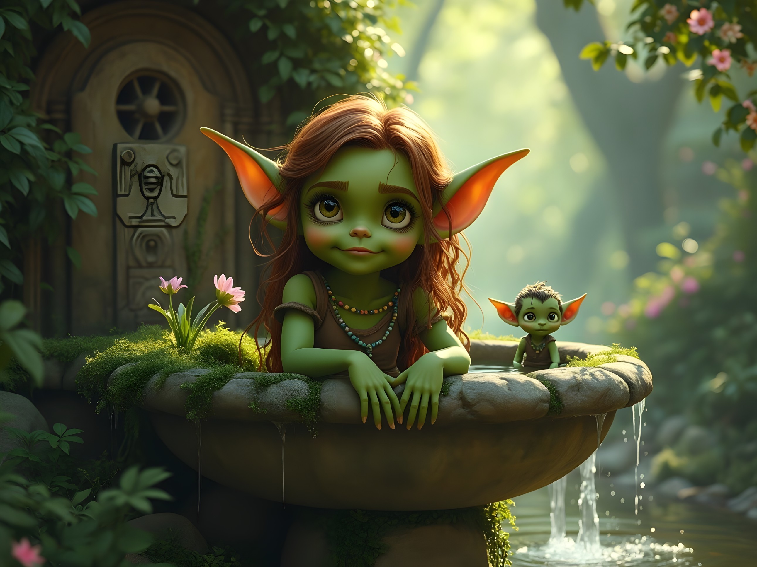 Whimsical Forest Scene with Green-Skinned Girl