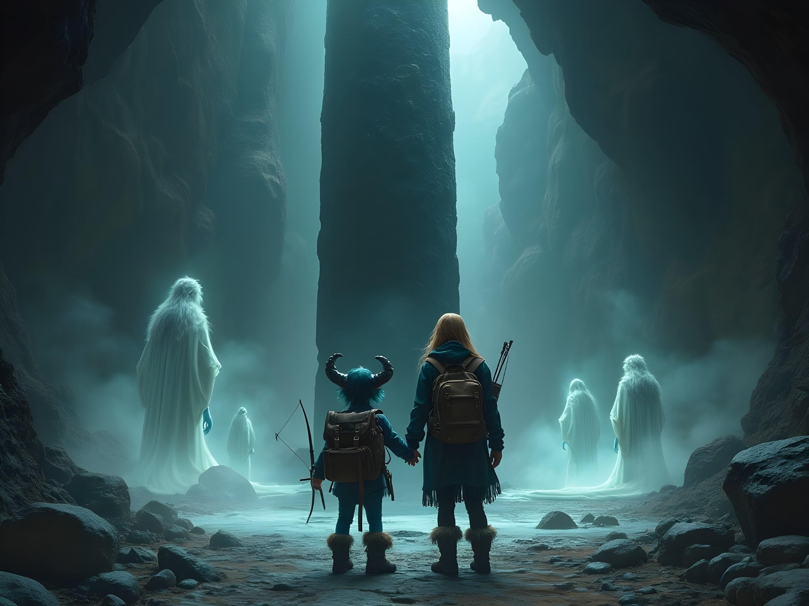 Adventurers Encounter Ghostly Figures in Mystical Cave