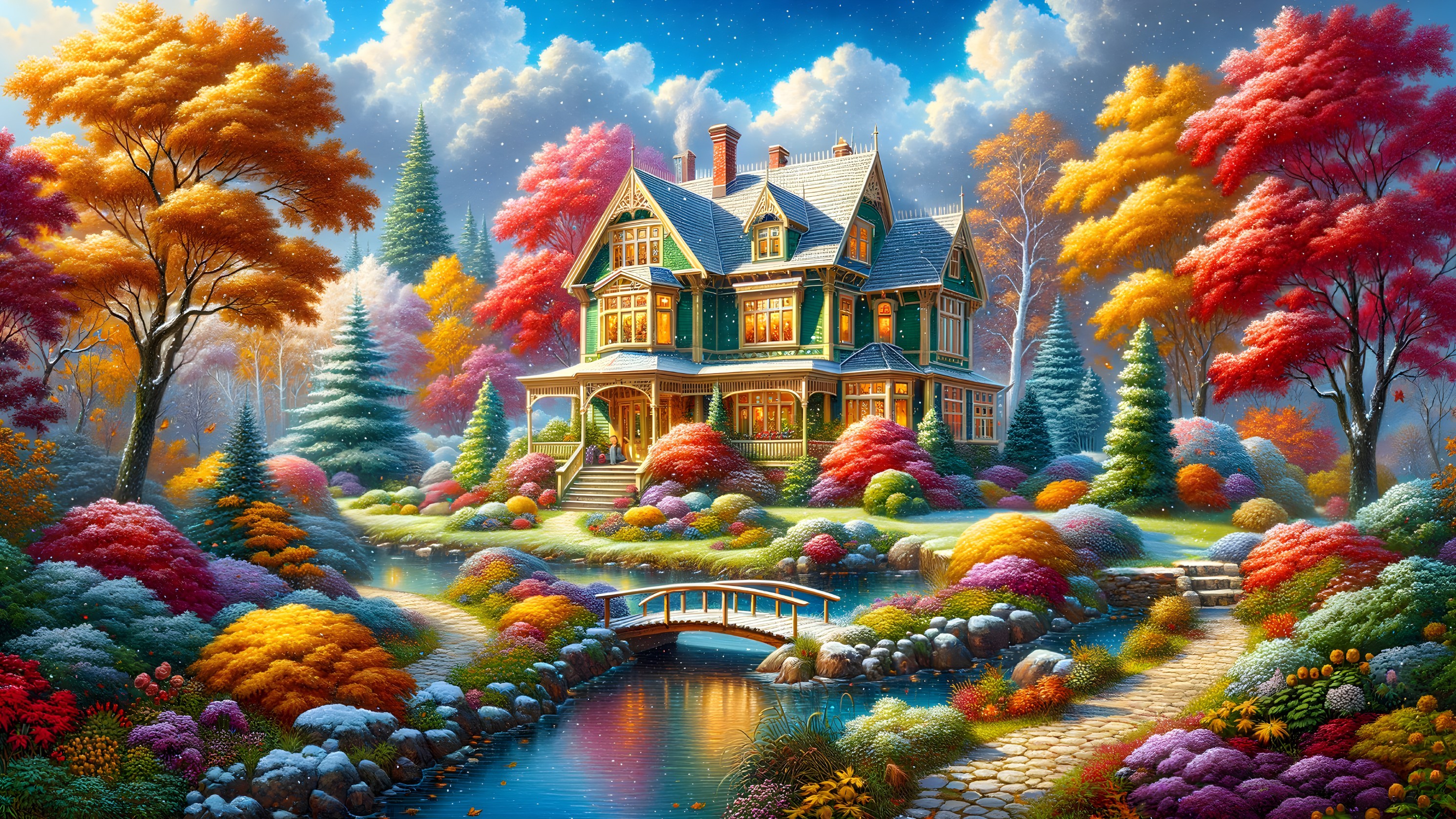 Victorian Mansion Amidst Autumn Foliage and Pond