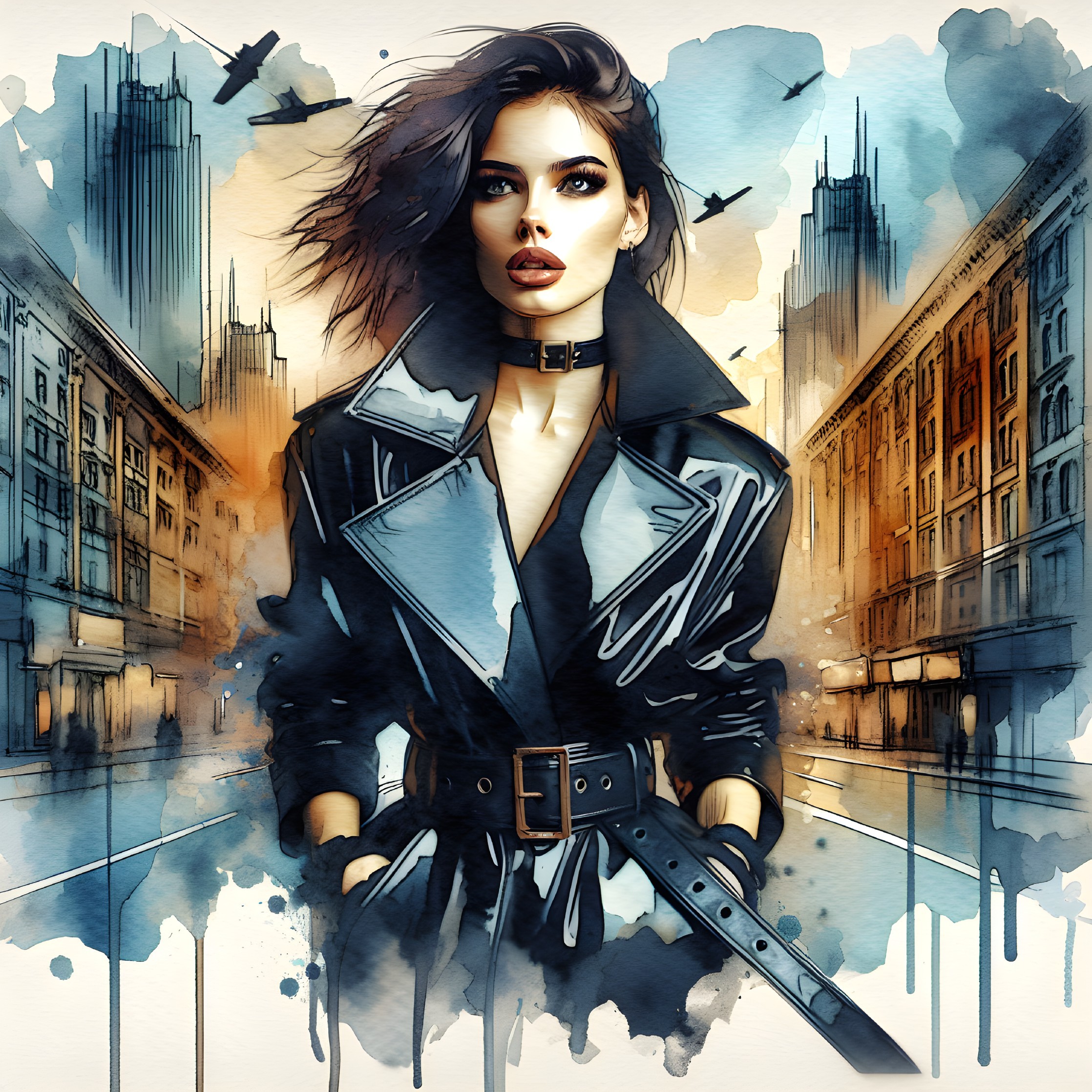 Female figure in black trench coat with urban backdrop