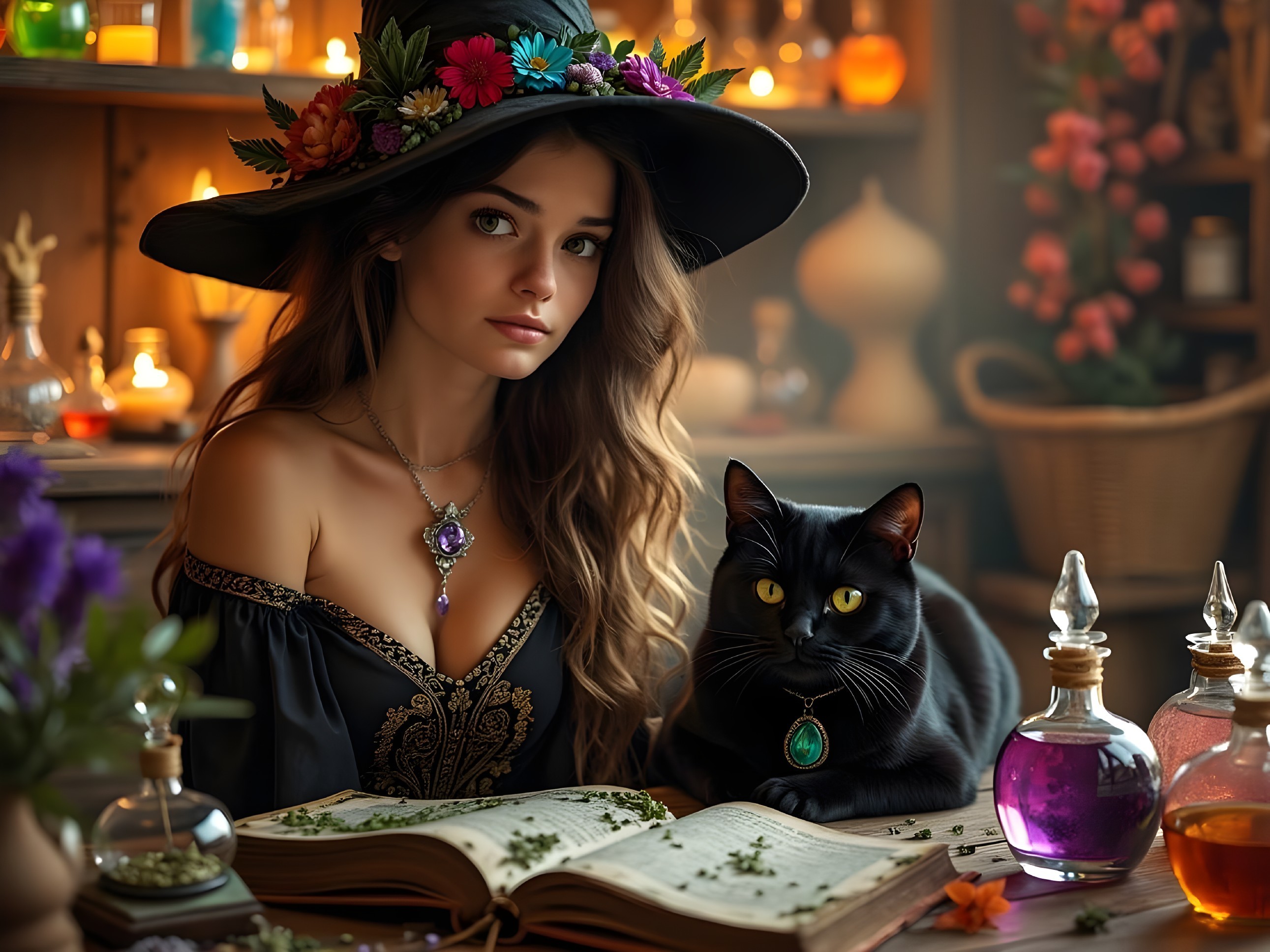 Young woman with hat and potions in mystical setting
