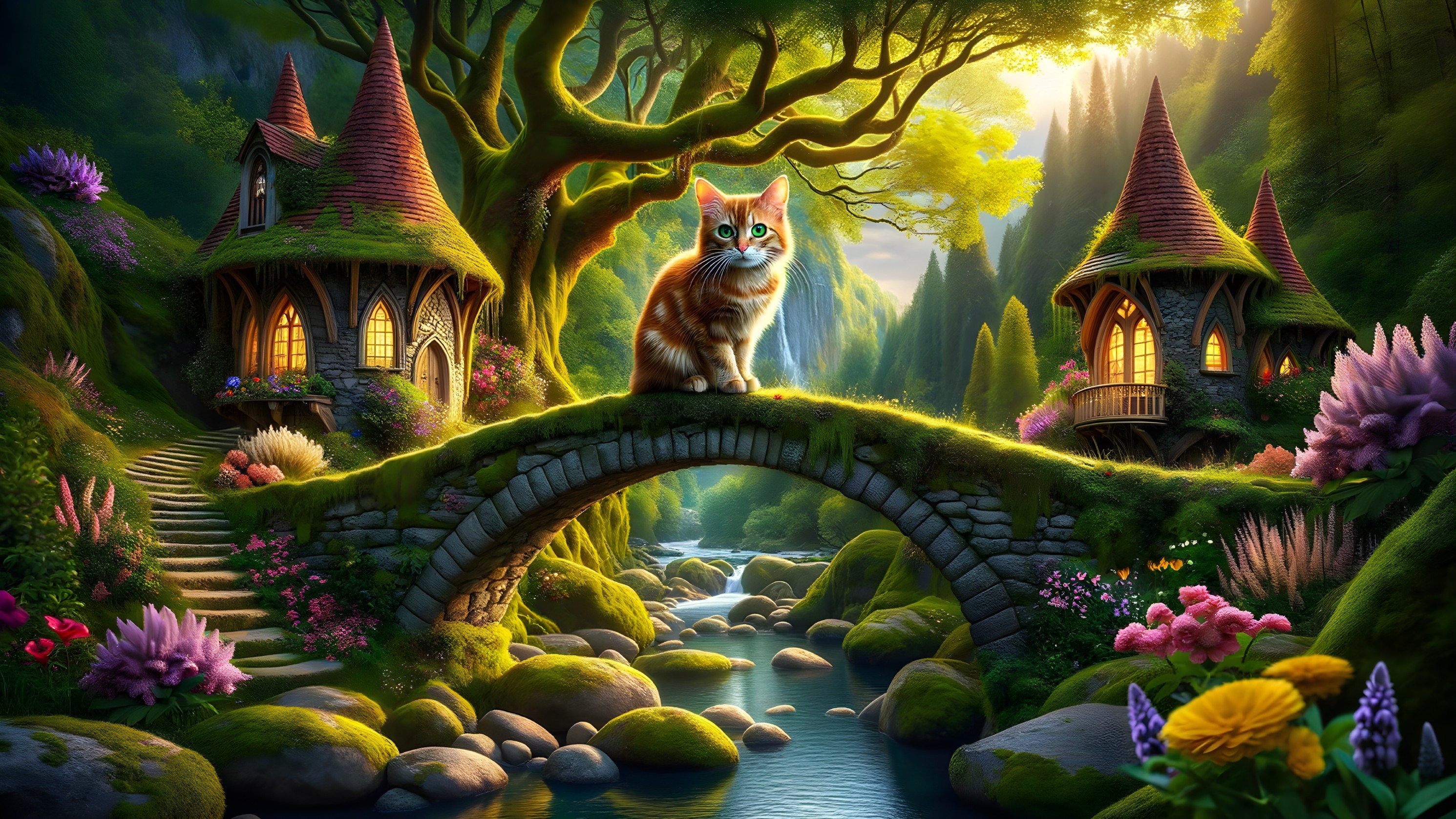 Whimsical Forest Scene with Cat on Stone Bridge