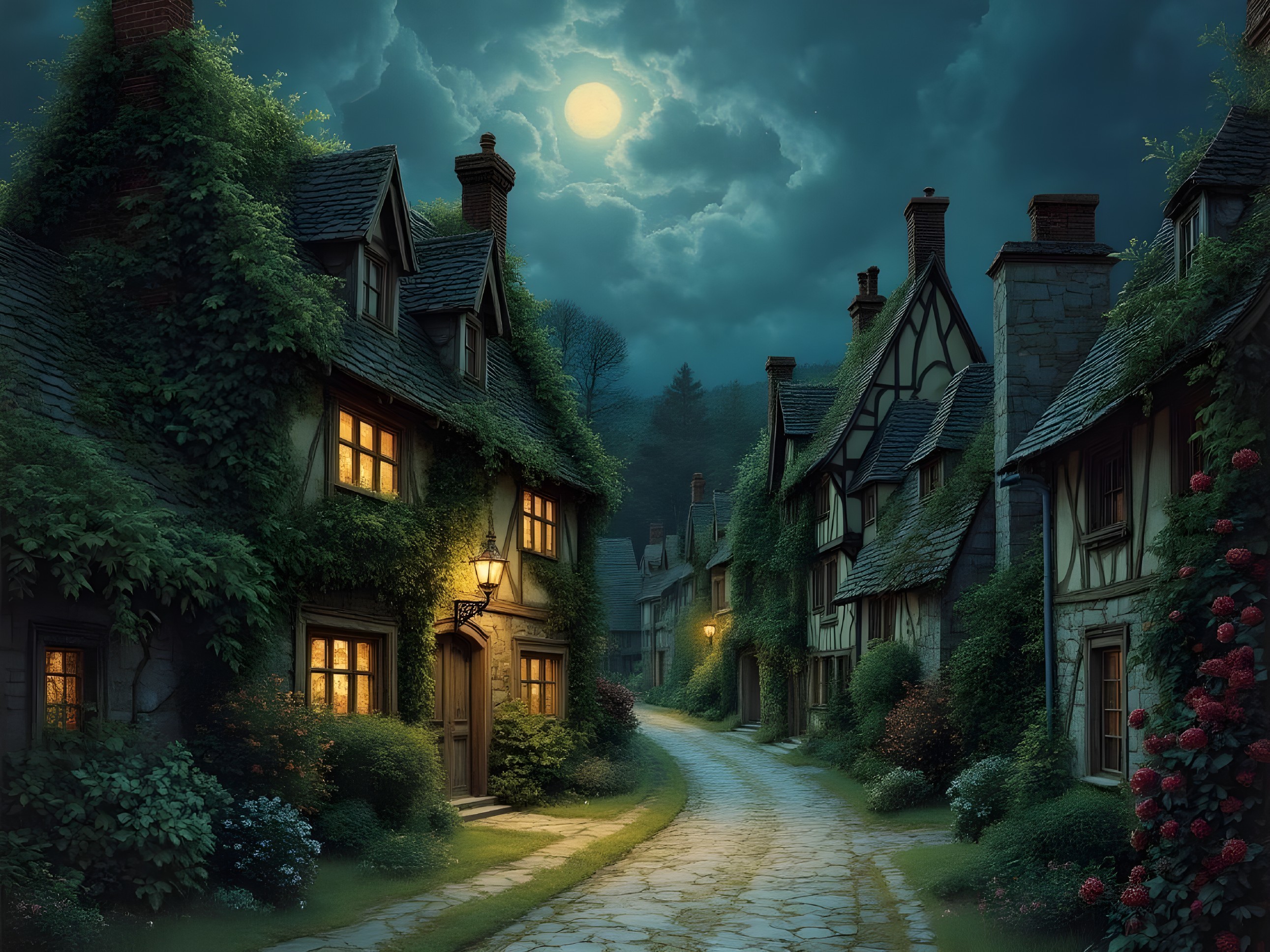 Moonlit village with charming cottages and greenery