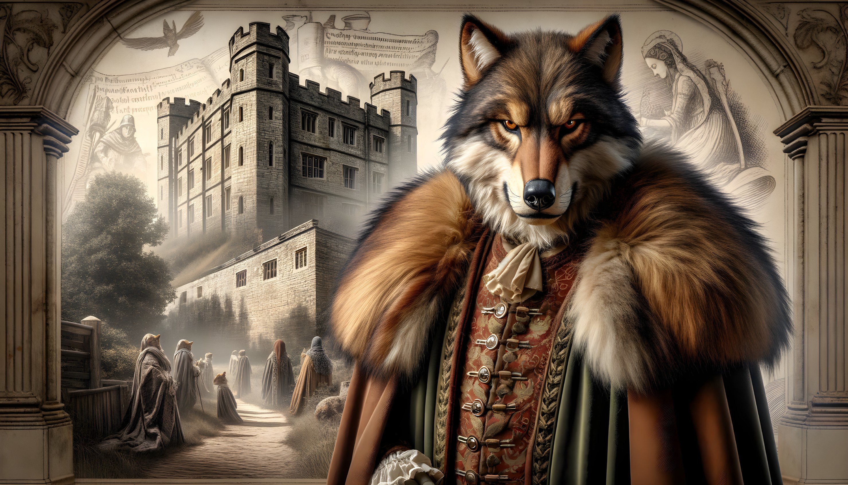 Anthropomorphic Wolf in Regal Clothing at Castle Scene