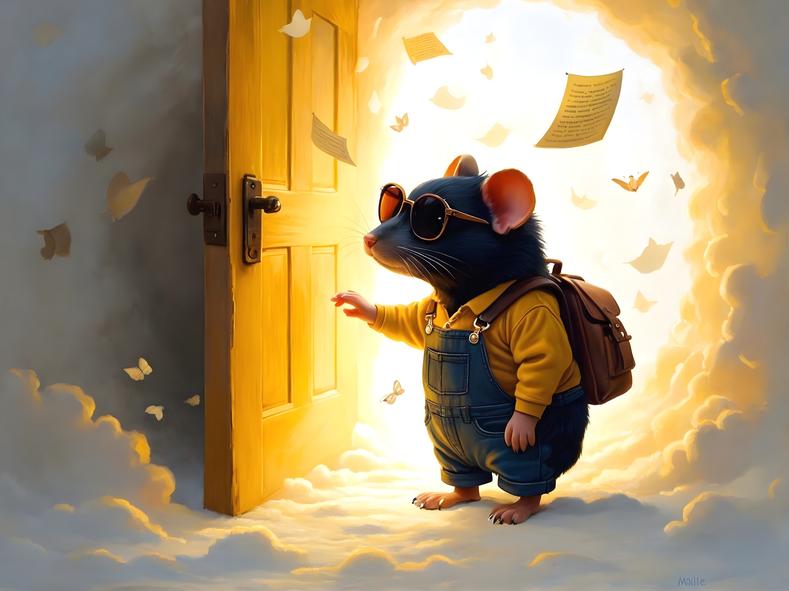 Anthropomorphic mouse in a whimsical glowing doorway