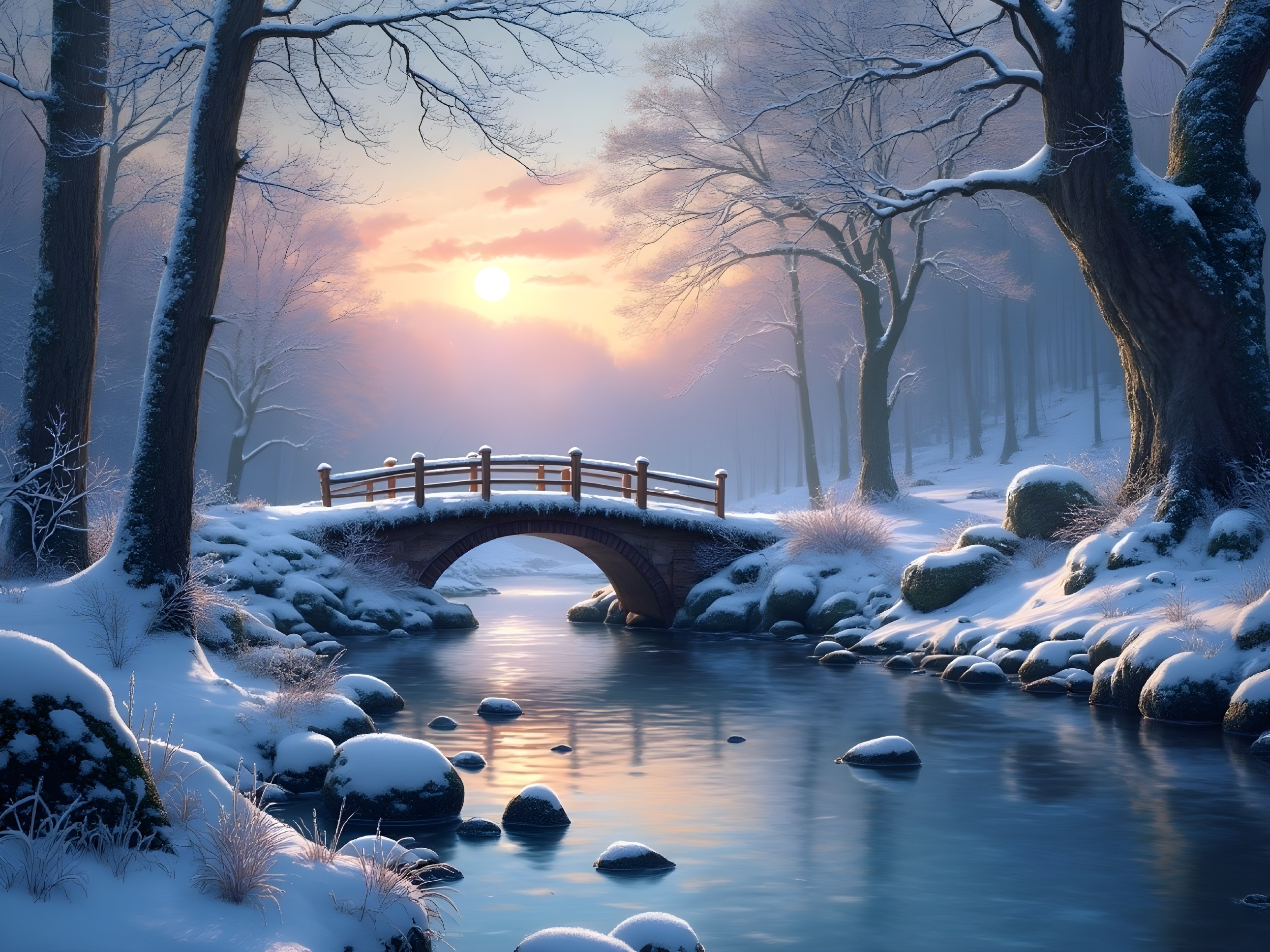Serene Winter Landscape with Wooden Bridge and River