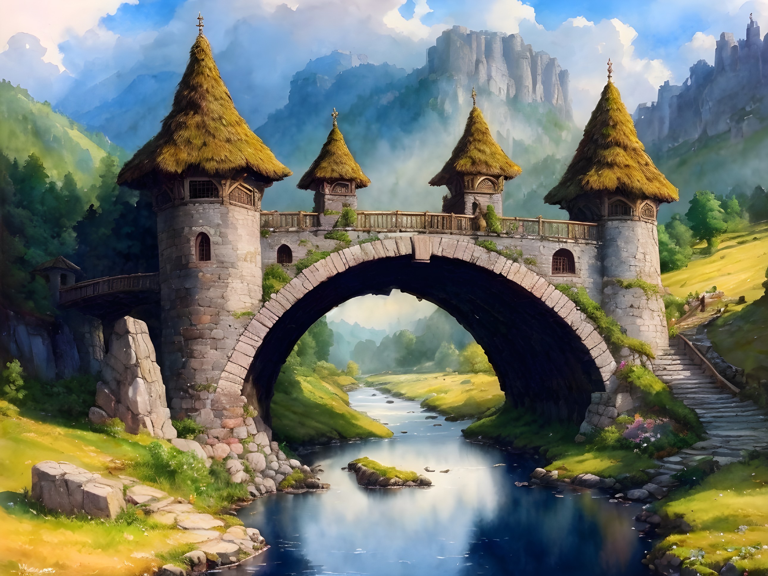 Whimsical Stone Bridge with Towers Over Serene River