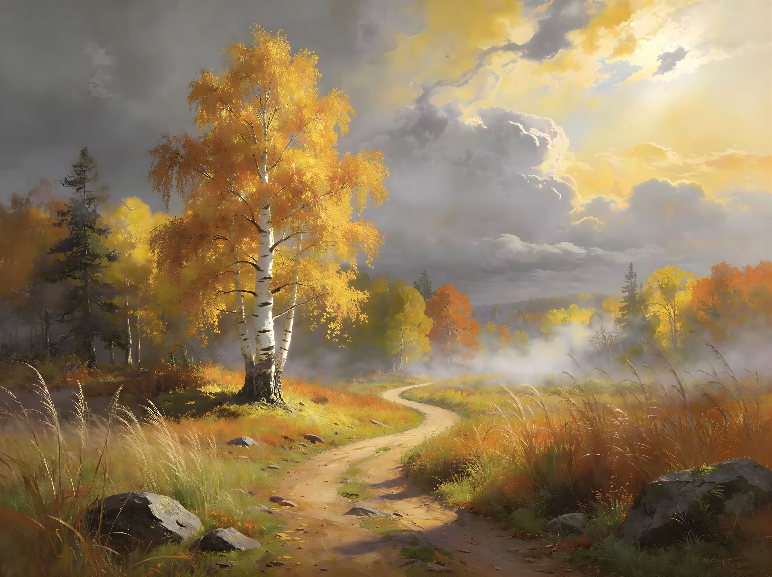 Autumn Landscape with Birch Trees and Misty Sky