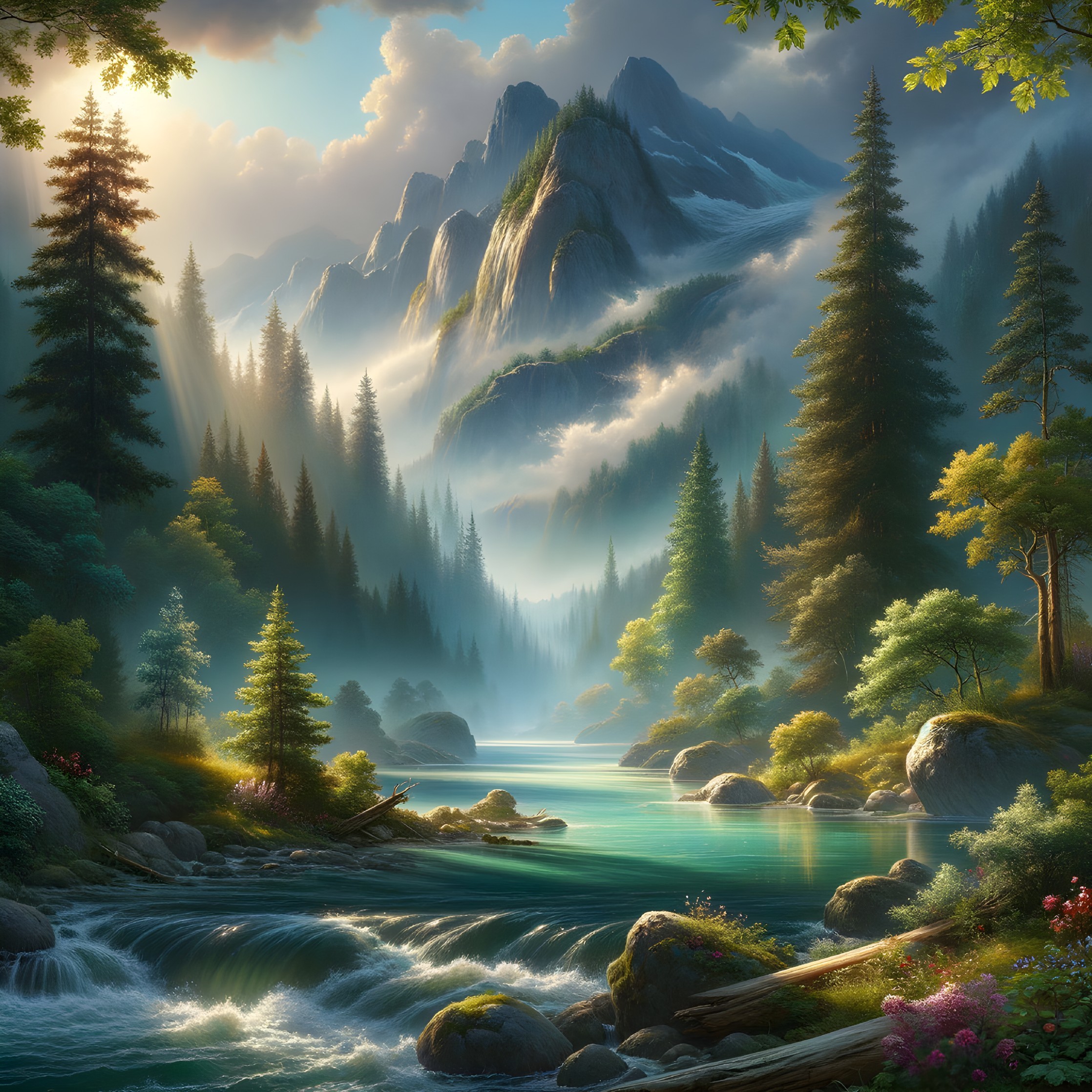 Tranquil River in Lush Green Landscape with Mountains