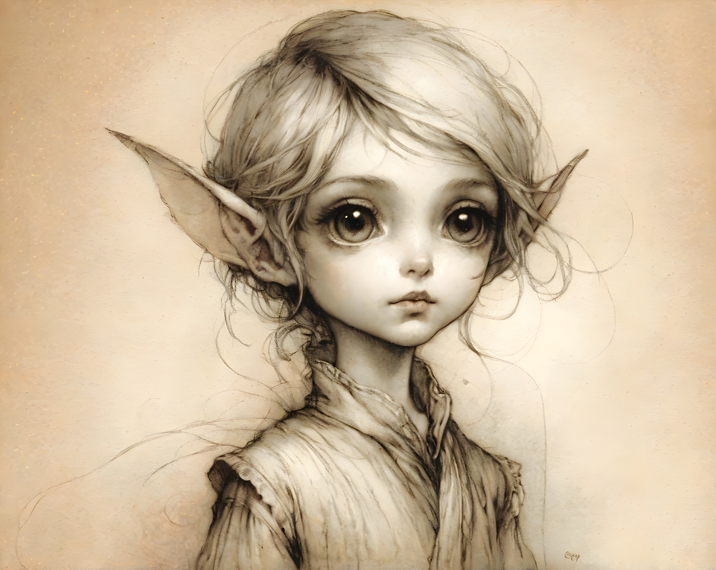 Fantasy creature resembling young elf in sepia tones
