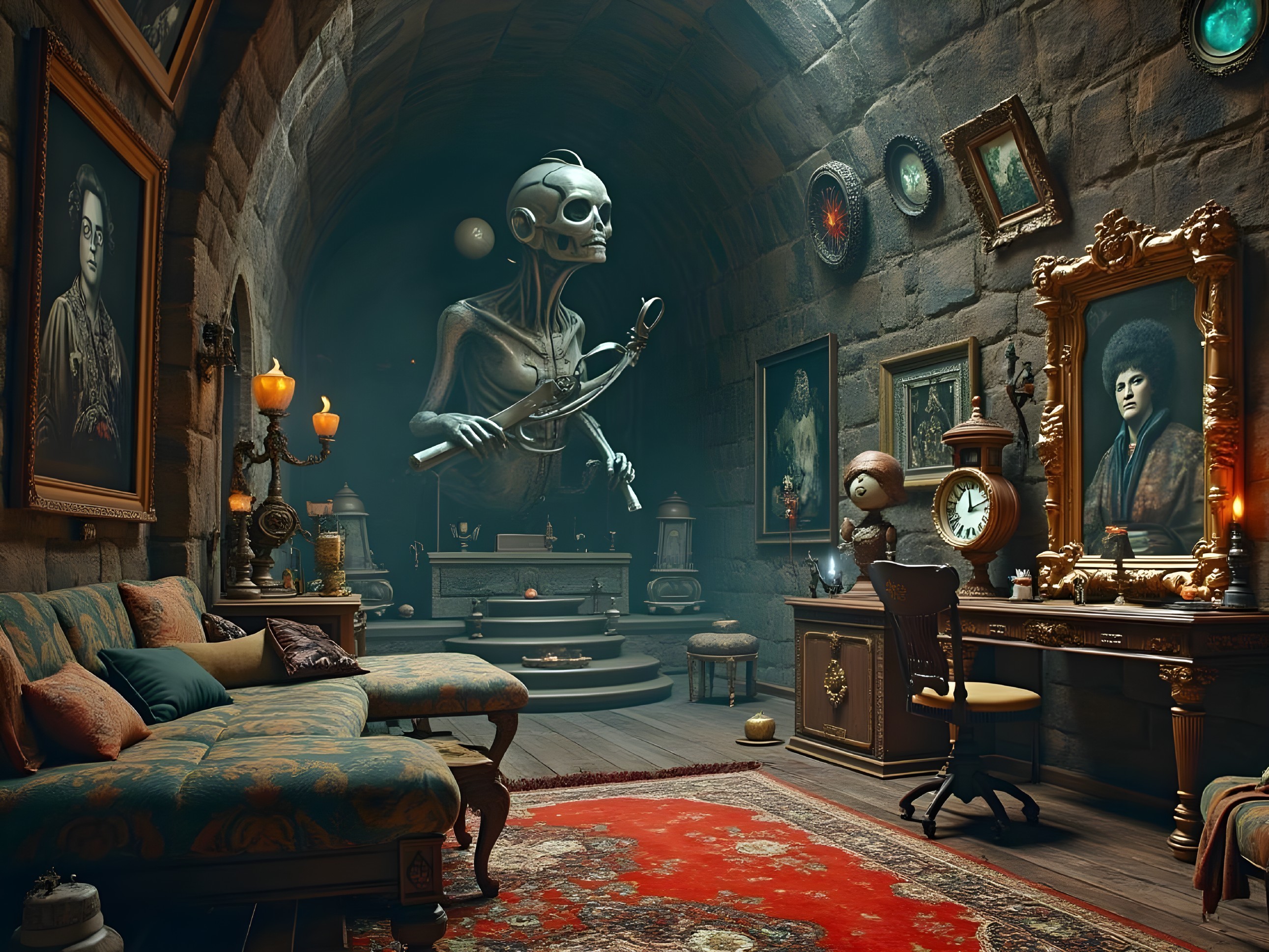 Robotic Figure in Vintage Decorated Stone Chamber