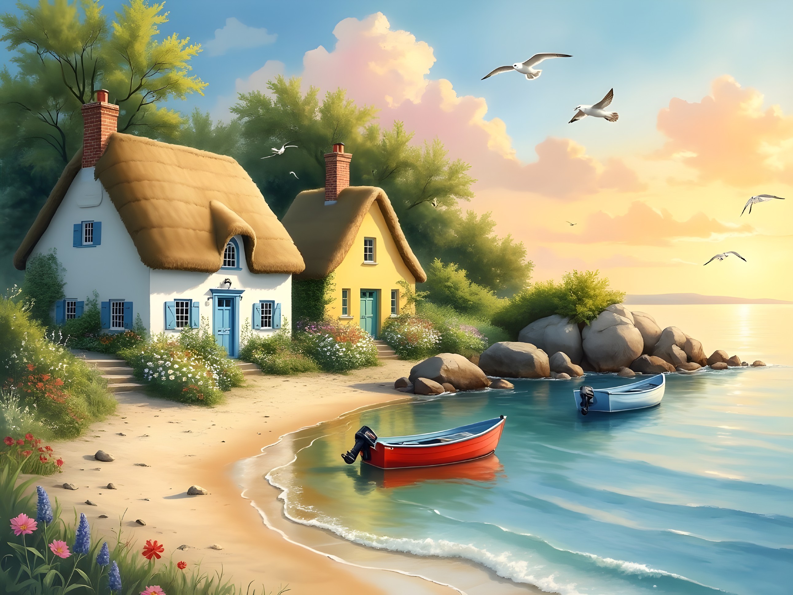 Charming Cottages by a Serene Seaside at Sunset